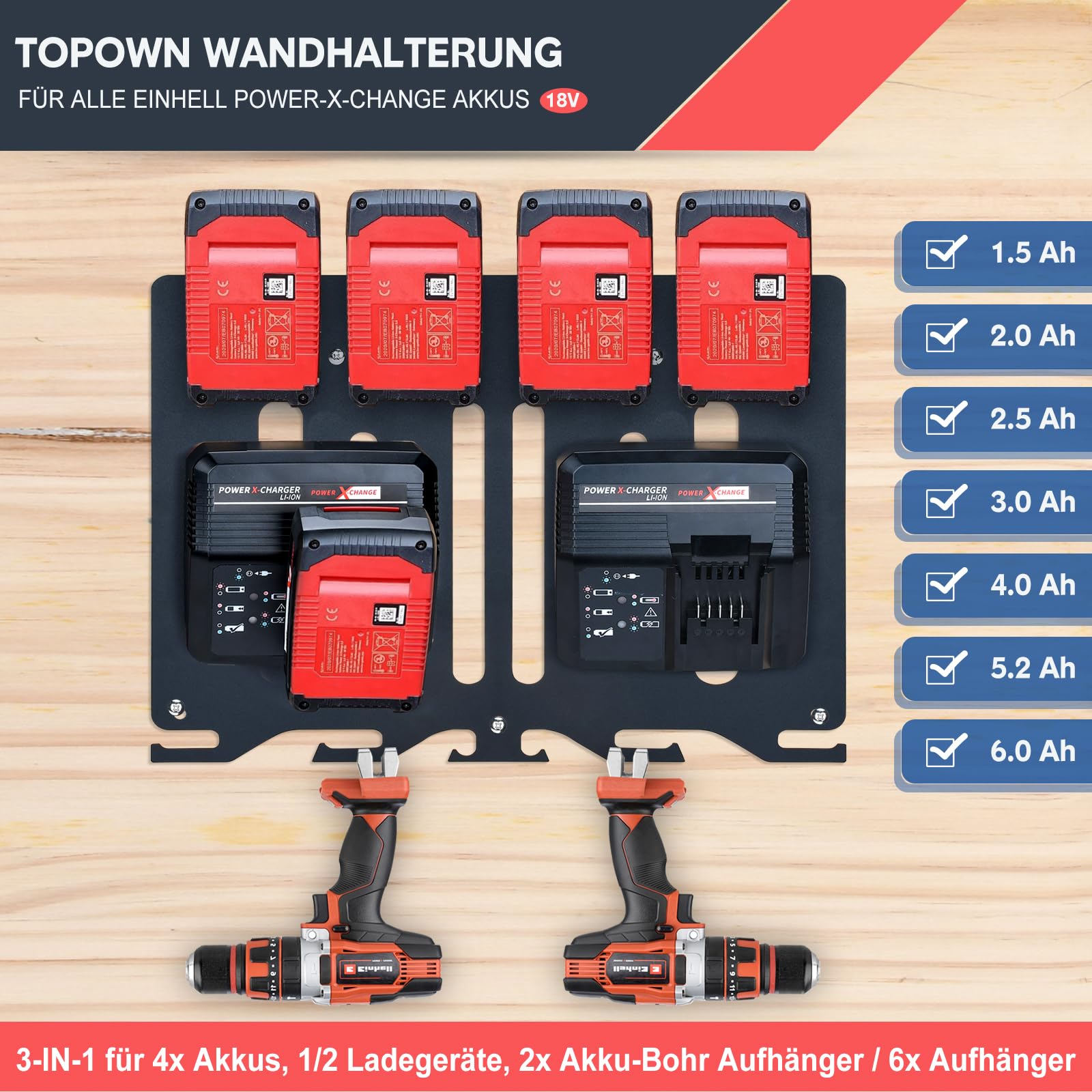 TOPOWN 3in1 Pro Wandhalterung für Einhell Ladegeräte und 18V Akku, für Power X-Change Charger, Twincharger, Fastcharger, Boostcharger