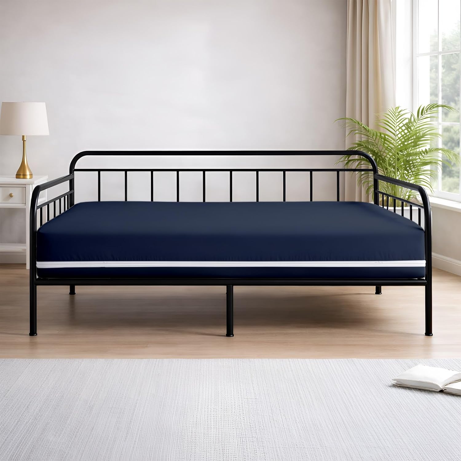 Shreem Linen Twin Size Daybed Mattress Cover with Zipper, Waterproof Porch Swing Bed Protector, 9" Deep Outdoor Patio Daybed Cushion Encasement, Navy Blue