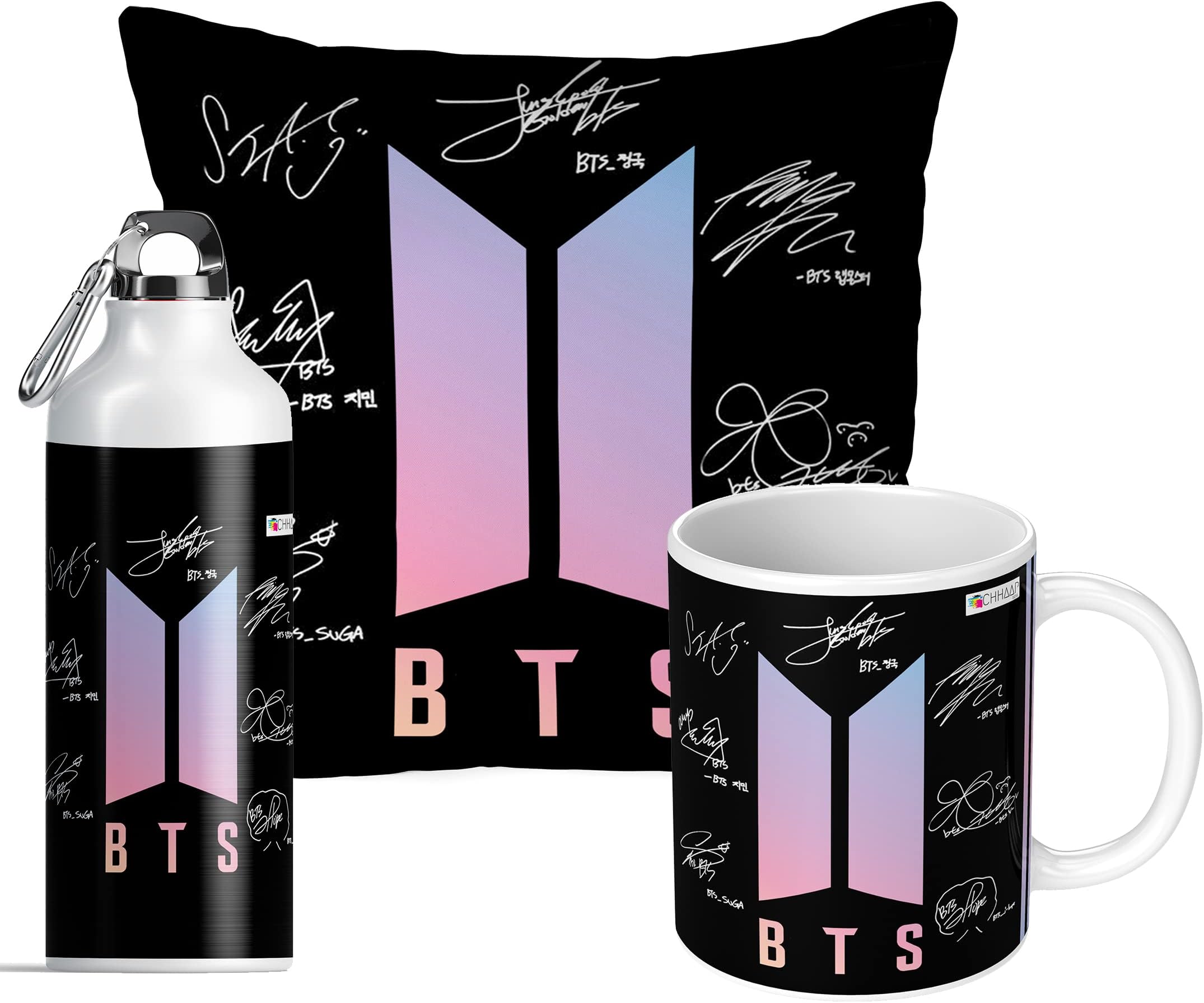 CHHAAP BTS Ceramic Mug, Lovers Printed Cushion Cover & Filler with Signature BTS Sipper Bottle (Multicolour, 600ml 12'' X 12")