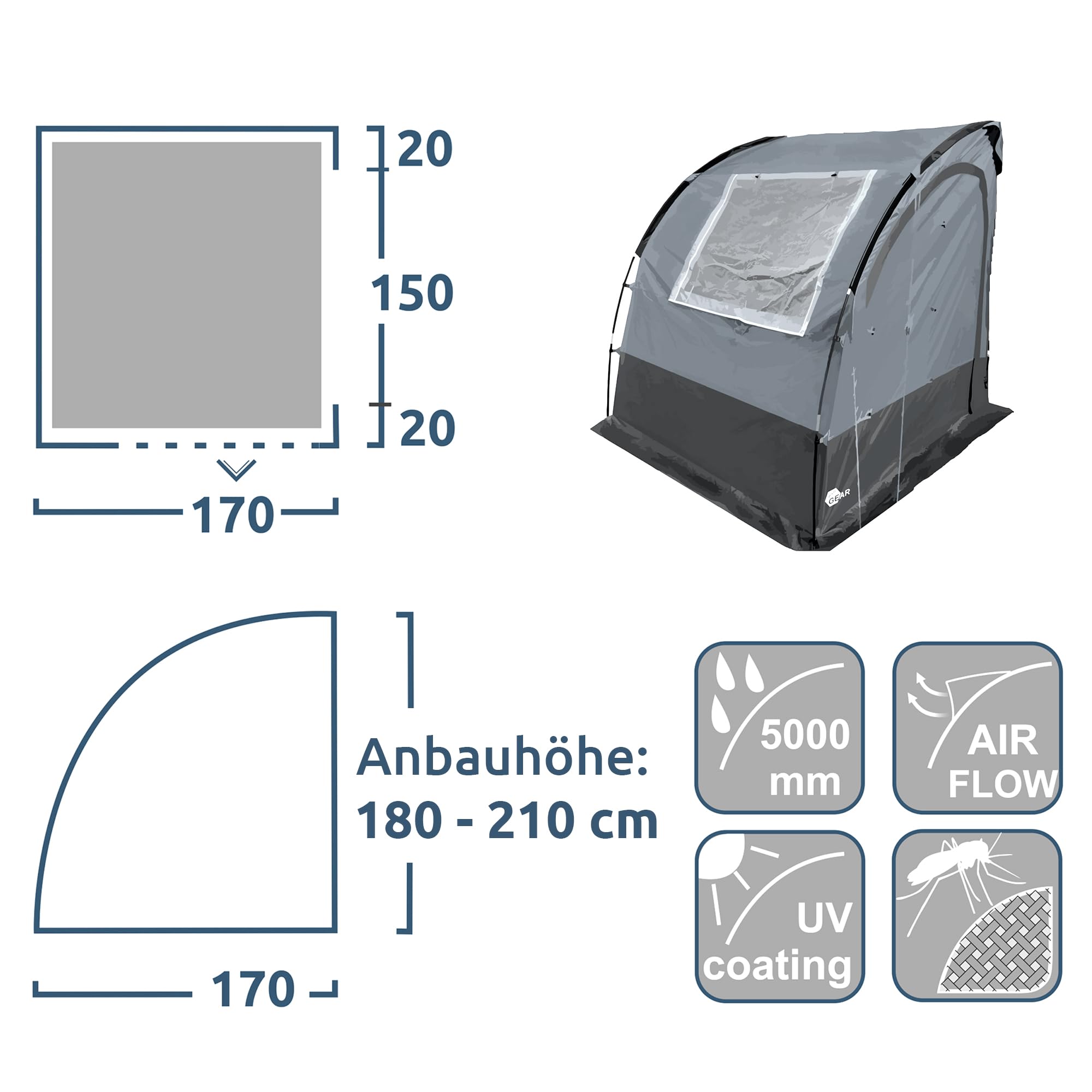your GEAR Venecia - Caravan Heckzelt 190x170cm Gerätezelt Küchenzelt für Wohnwagen