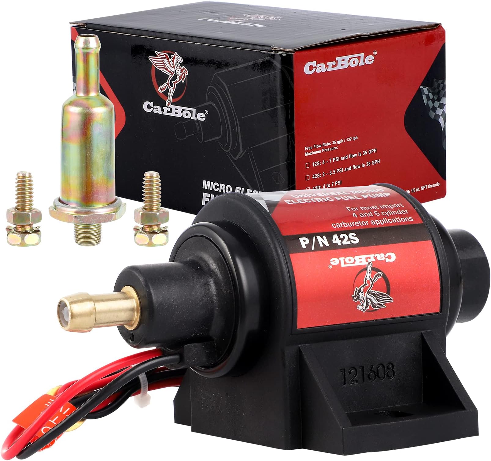 CarBole Gasoline Pump Electric Fuel Pump Universal 5/16 Inch Inlet and Outlet Inline 12V 1-2A 28GPH 2-3.5P.S.I. Operating Fuel Pressure