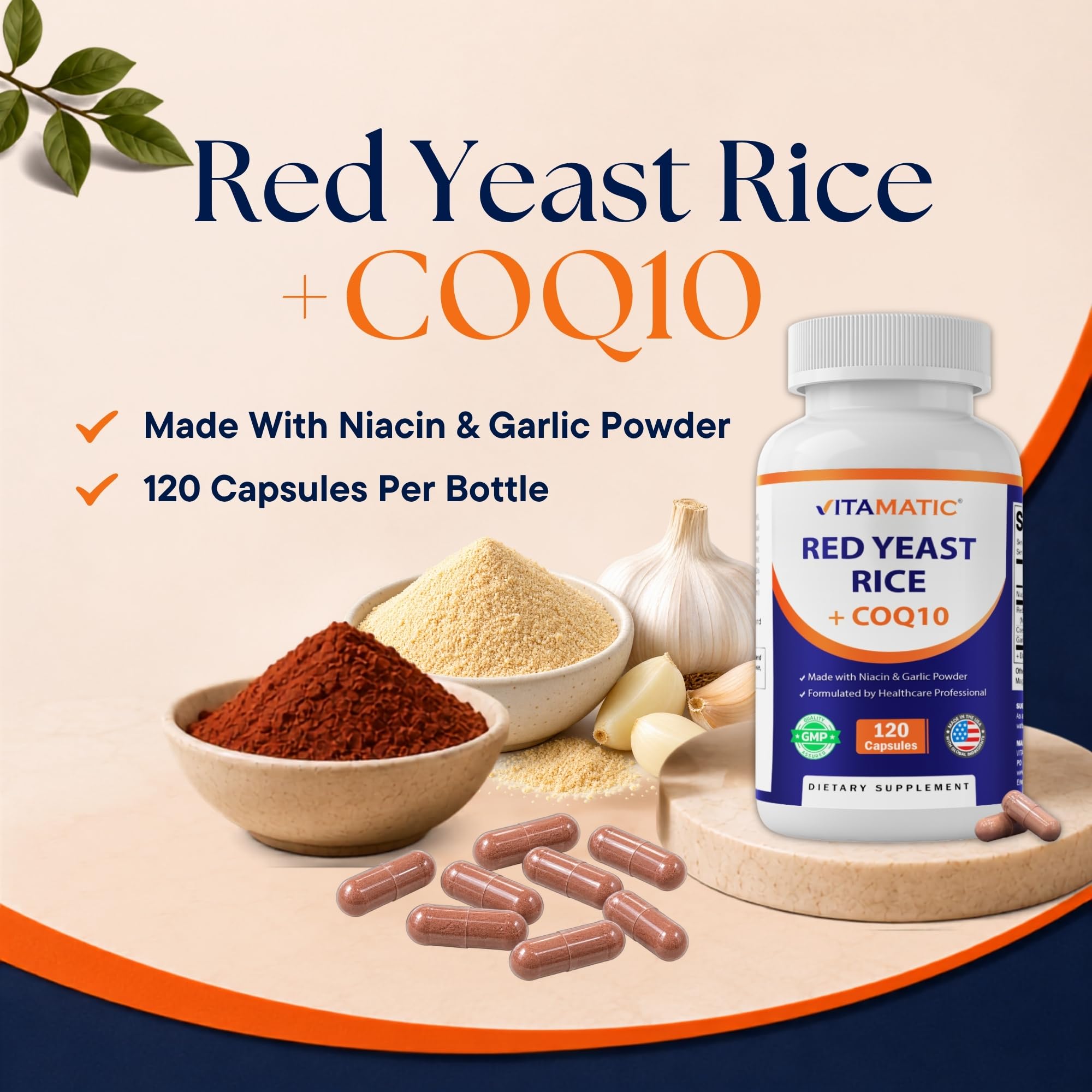 Vitamatic Citrinin-Free Red Yeast Rice 1200 mg. Capsules with CoQ10 100mg, Flush Free Niacin 100mg, & Garlic Powder 20mg - 120 Veg Capsules — Amazon image 3