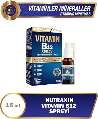 Nutraxin Vitamin B12 Sprey 1000 µg Metilkobalamin, Yüksek Emilim, Vegan Uyumlu, Ağız Yoluyla Takviye Edici Gıda, 15 ml