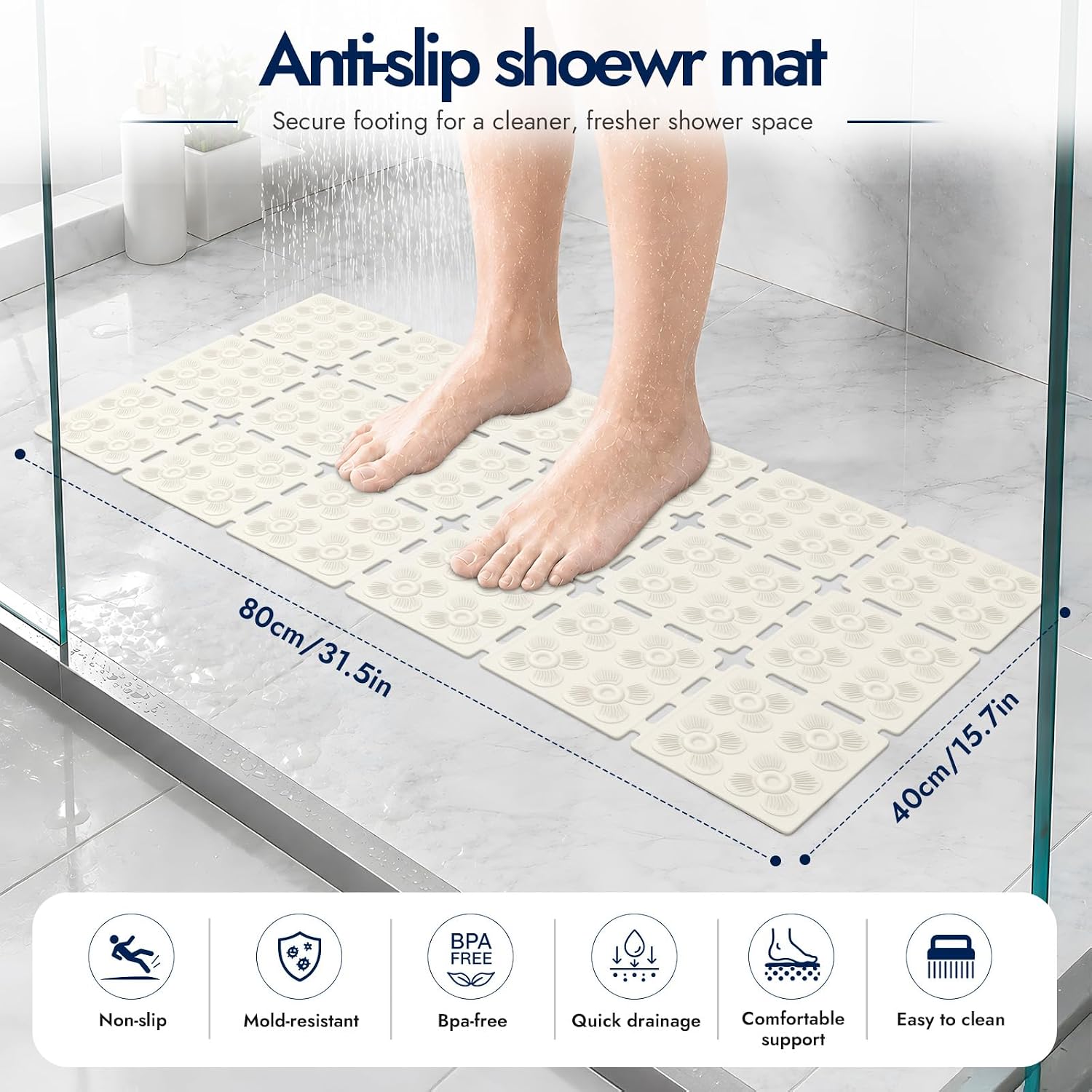 Shower Mat Non Slip Bathtub mat, TPE Bath Mat Non Slip 31.5" x 16", White