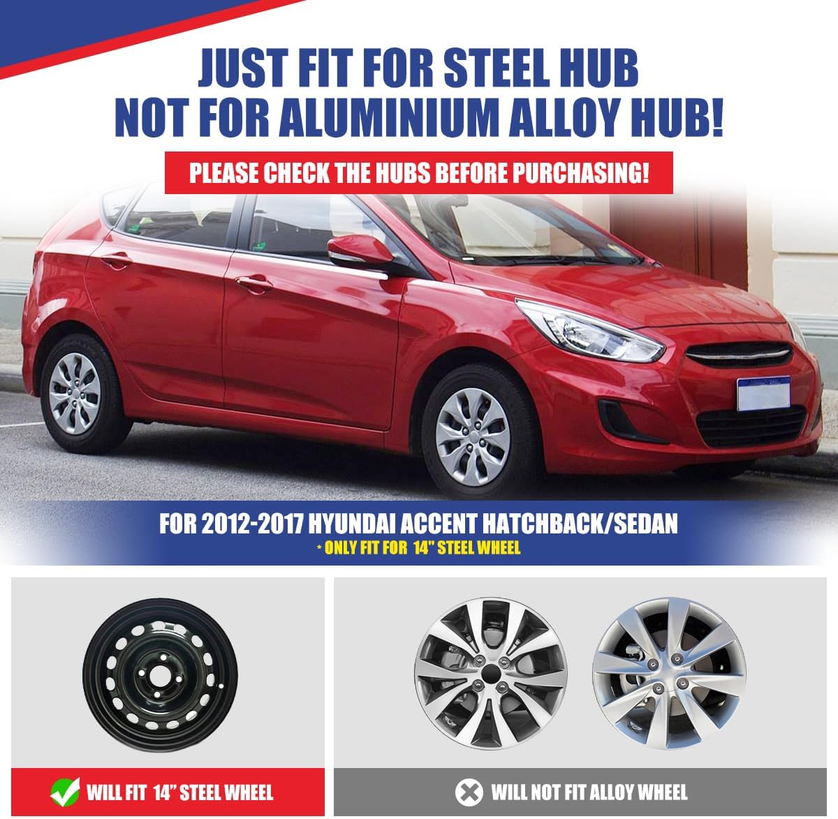 Winjet 14" Hubcaps for 2012-2017 [2012 2013 2014 2015 2016 2017 Hyundai Accent Sedan/Hatchback],Only Fit Iron Hub & Steel Wheel Heavy Duty PP Material Snap-On Installation(14 Inch Set of 4,Lacquer)