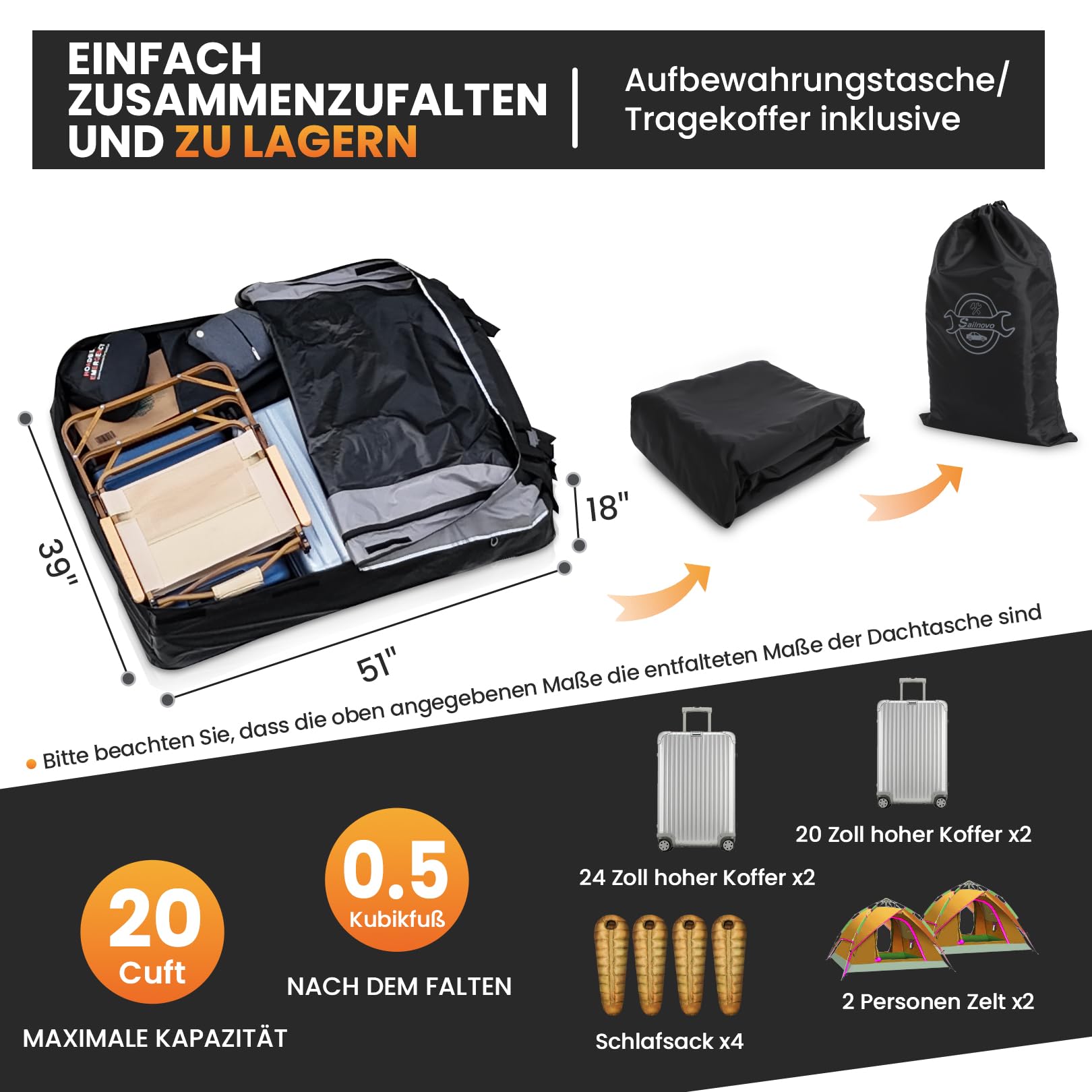 Sailnovo Box Tetto Auto Box Portapacchi per Auto 580L Borsa da Trasporto Impermeabile inclusi tappetino antiscivolo 6 ganci di sicurezza, e custodia per auto con o senza portapacchi (Grigio-Nero)