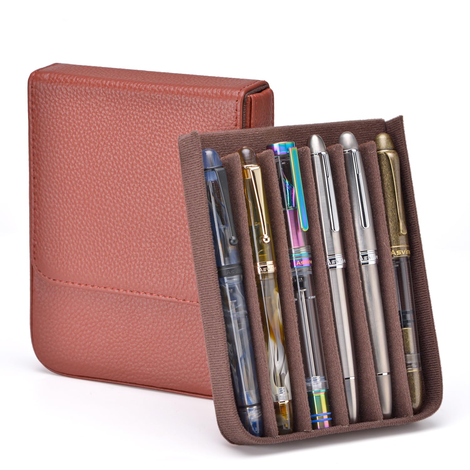 Lanxivi Genuine Leather Fountain Pen Case 6 Slot Coffee Leather Organizer, Portable Pen Bag Pouch Drawer Style - Image 3