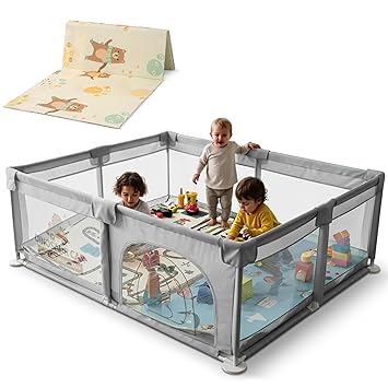 Baybee 180 x 150 Cm Nestoria Plus Kids Playpen for Babies with Play mat | Baby Play Area Indoor Setup with Zipper Door & Toys Pouch | Kids Activity Floor Mat Playards with Corner Protection | Outdoor play pen for baby 0-5 years Boys Girls (Light Grey)