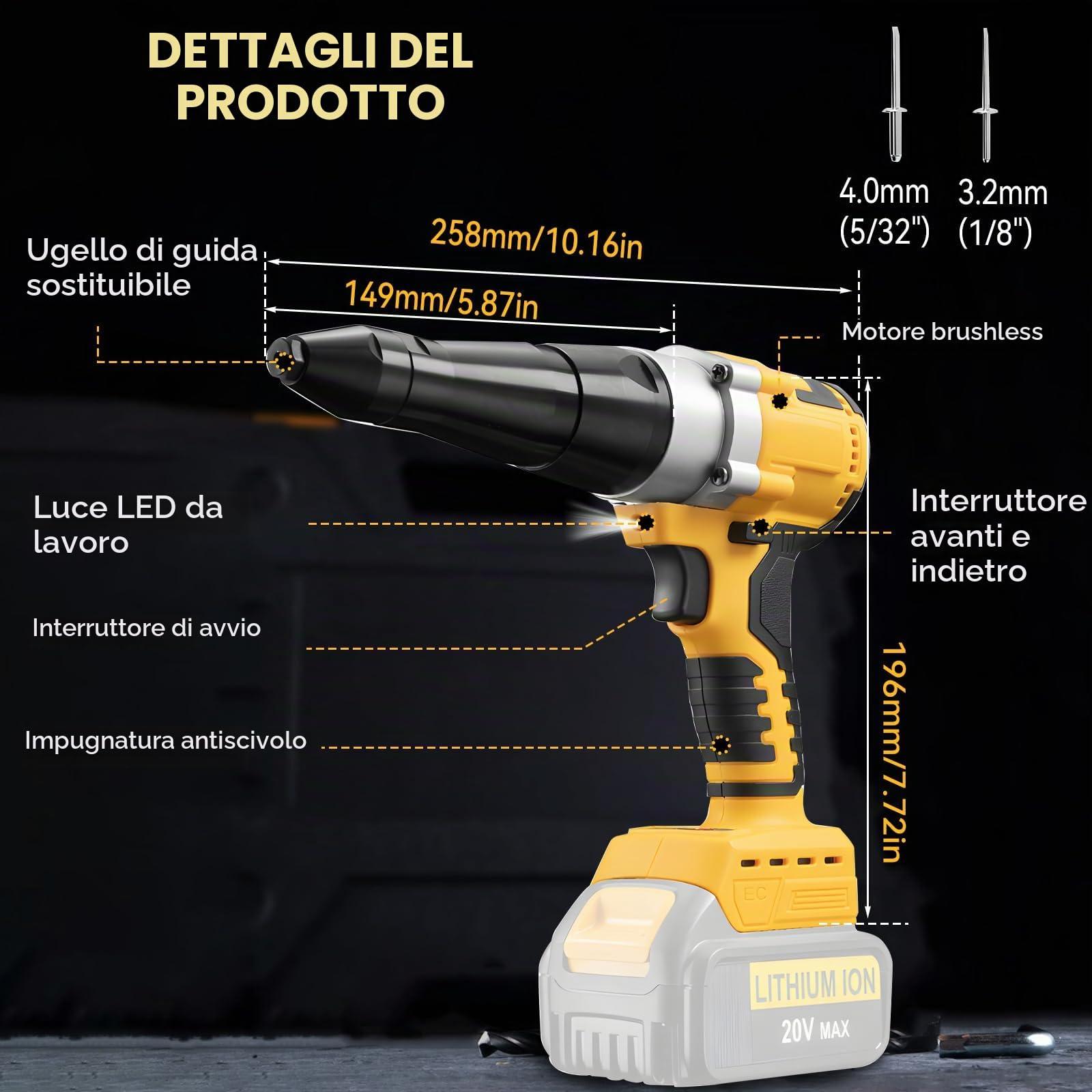 Rivettatrice senza fili compatibile con Dewalt 18 V (senza batteria), pistole elettriche automatiche con 40 rivetti per rivetti da 1/8", 5/32", strumento per rivetti senza spazzole per metallo