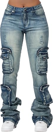 ROCKSTAR ORIGINAL Womens Alisson Dark Wash ed Cargo Super Stacked Jean