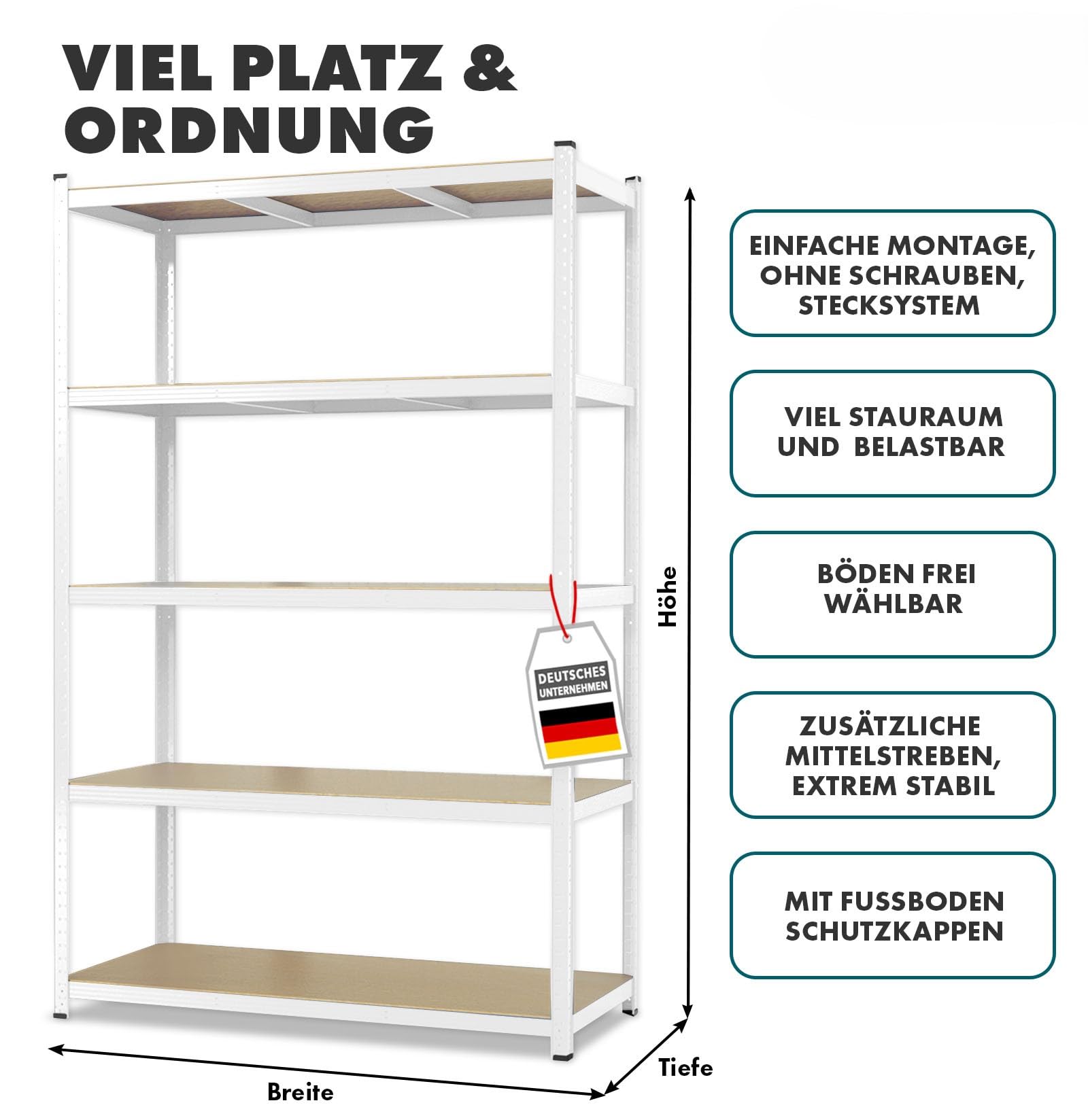 etm Estantería para cargas pesadas – Garaje, sótano, taller, estantería de almacenamiento, estantería para sótano, alta capacidad de carga y estantes ajustables (blanco, 180 x 90 x 45 cm)