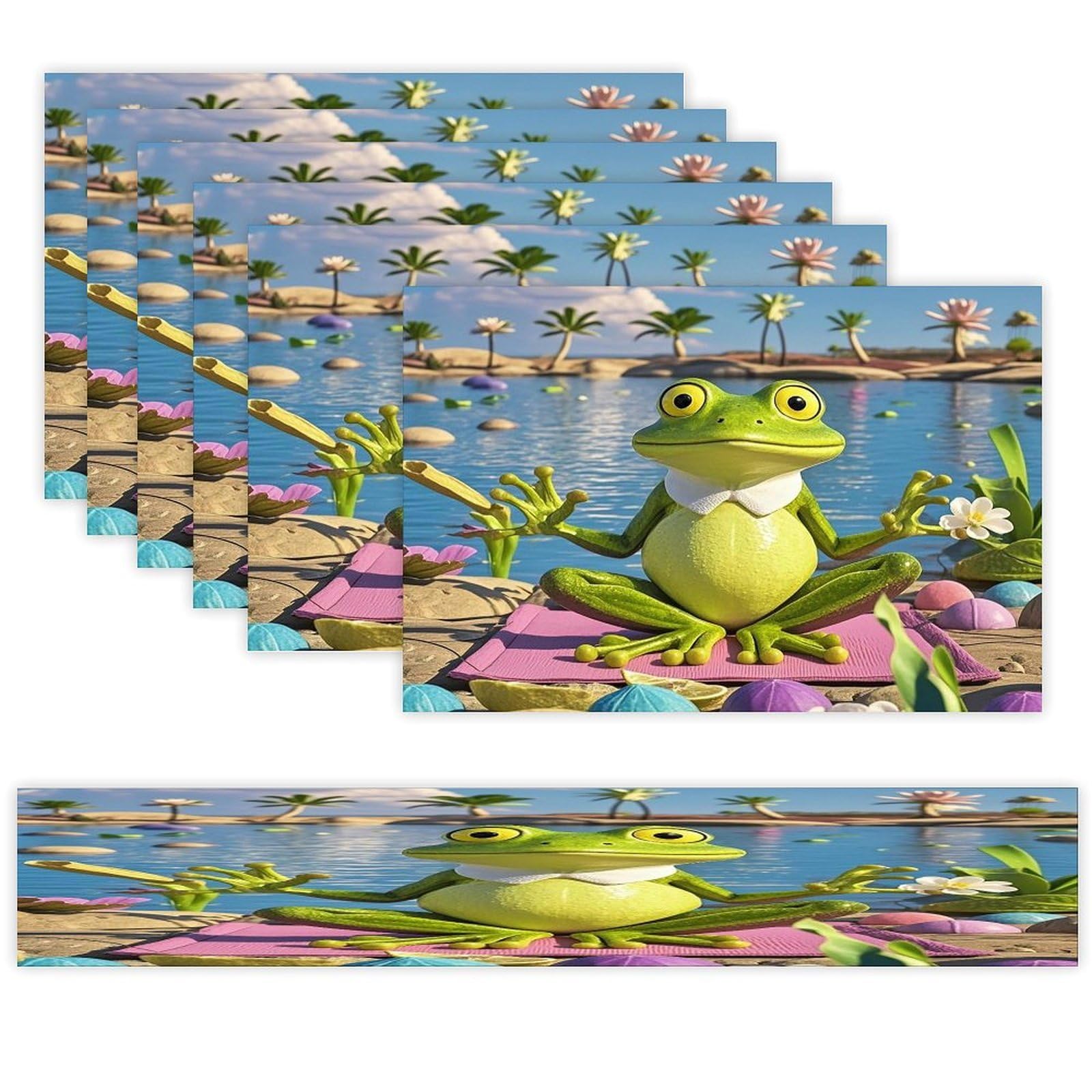 Funny Yoga Frog Table Runner and Placemats Set of 6 Stain Resistant Heat Resistant Place Mats for Kitchen Dining Table Mats Long Table Runner Modern Art Dining Decor for Daily Use