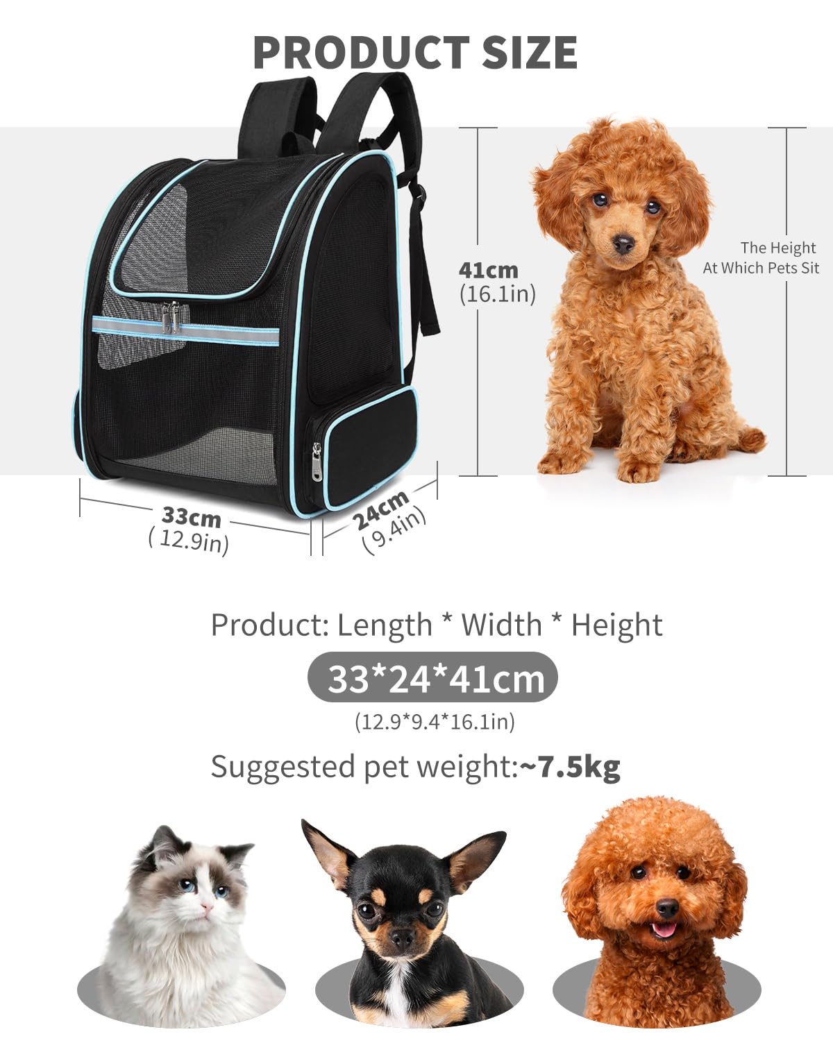 PETCUTE Zaini per Trasporto Cani Gatto Zaino Borsa da Trasporto Trasportino Gatto Cane per Animali Domestici Zaino Regolabile per Gatto Cane fino a 3,5 kg Viaggio Auto Treno