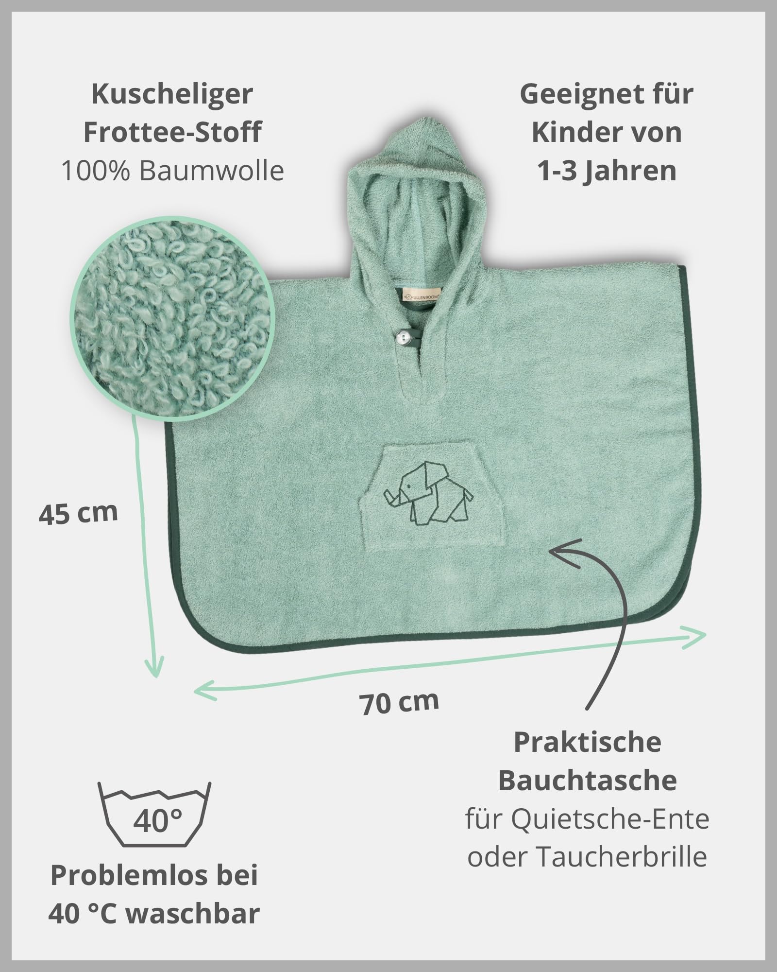 ULLENBOOM Badeponcho Baby, Frottee aus 100% Baumwolle (Oeko-TEX Zertifiziert) und Made in EU - Ideal als Badetuch und Bademantel für Kinder und Babys von 1-3 Jahren, Salbeigrün