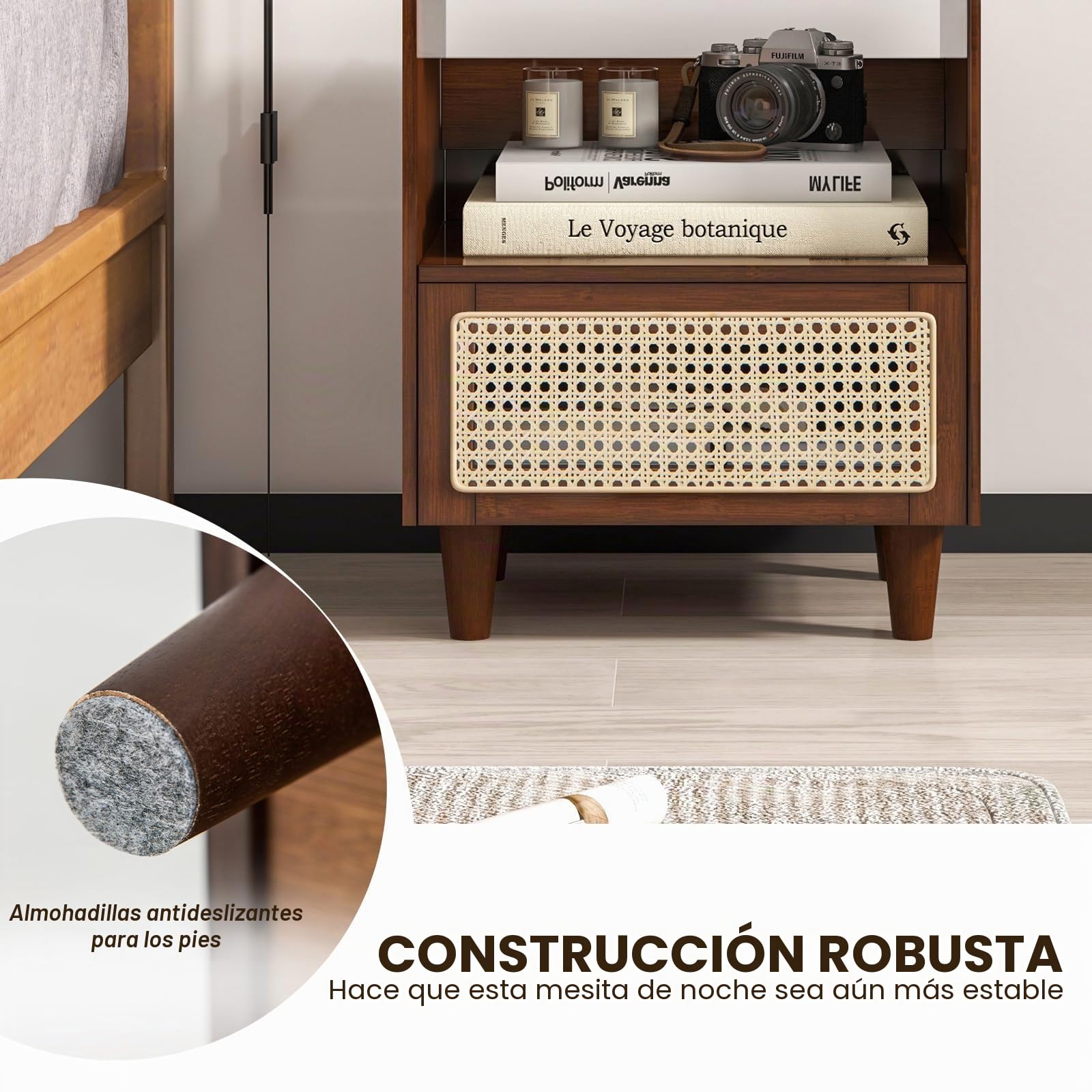 RELAX4LIFE Mesita de noche con cajón de ratán y estante abierto, mesita de noche con mesa de cristal y ranuras para cables, consola de noche de bambú, mesa auxiliar para salón o dormitorio (2, marrón)