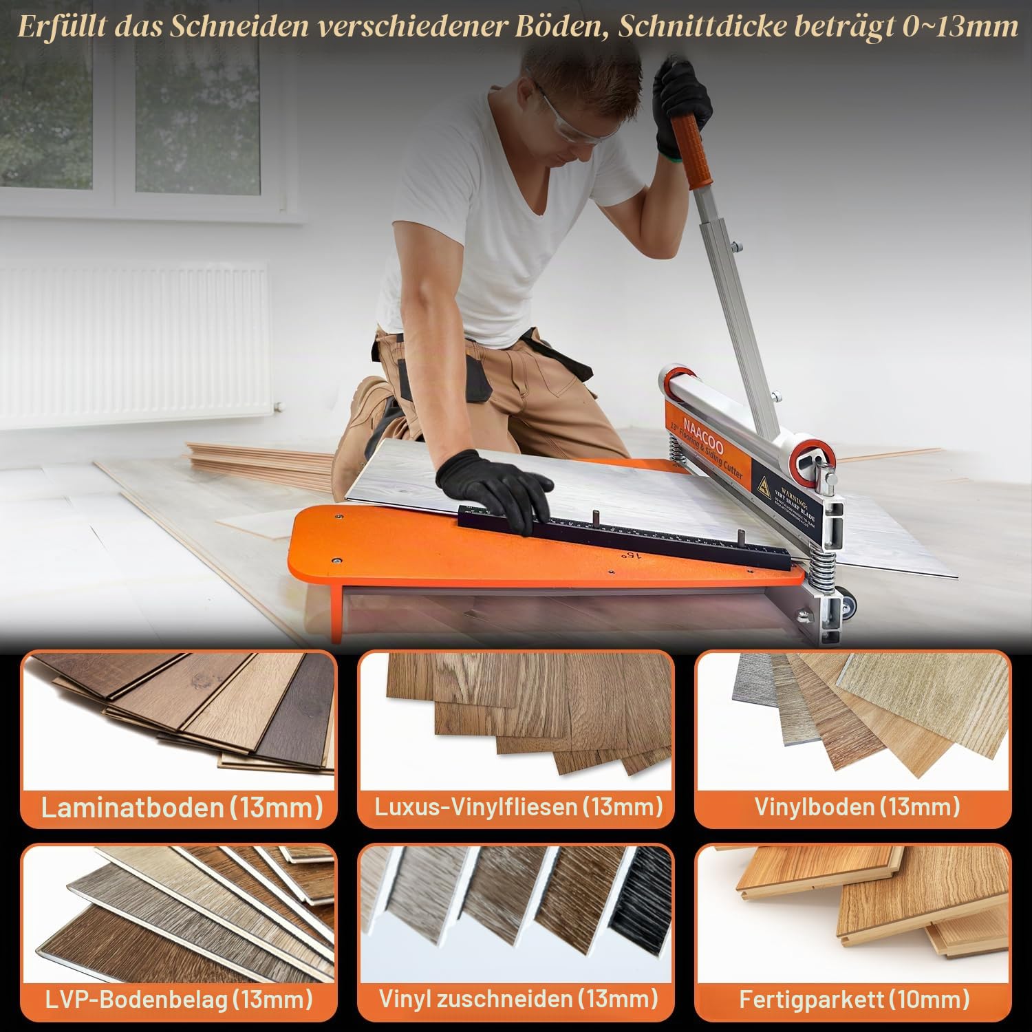 NAACOO Laminatbodenschneider, 33 cm, Vinyl-Bodenschneider mit Rad, Vinyl-Dielenschneider – nur 1 Schritt für Winkel- und Längenschneiden, Bodenbelag-Werkzeuge – schneidet Vinyl-Planken, Ingenieurholz,