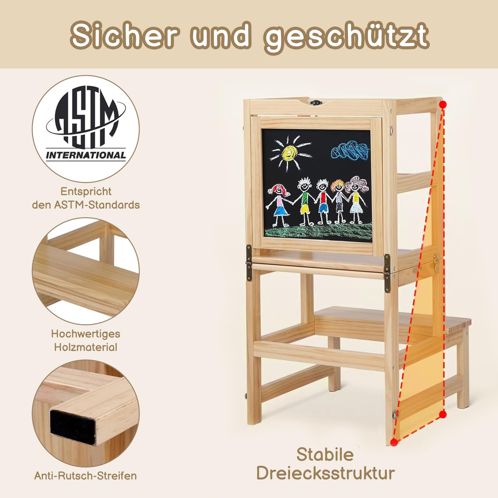 Lernturm Kinder Klappbar mit Whiteboard，3 in1 Küchenhelmer Höhenverstellbar & rutschfeste Matte，Montessori inspiriert，Ab 1 Jahr (30kg)，Für Küche & Bad（Naturholz）