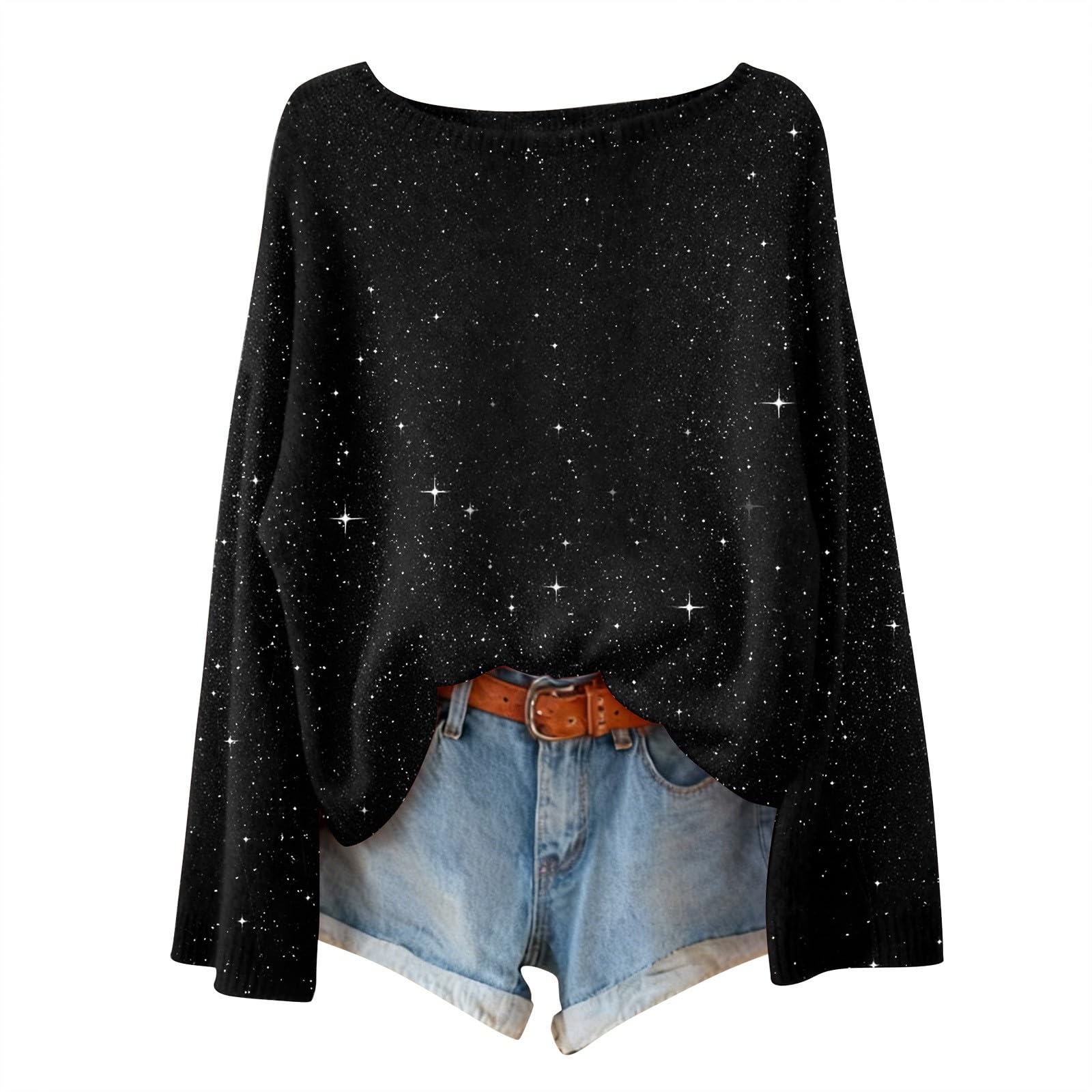 Womens Sparkly Sweater Knitted Sequin Sweater Shimmer Glitter Pullover Sparkle Long Sleeve Holiday Party Tops
