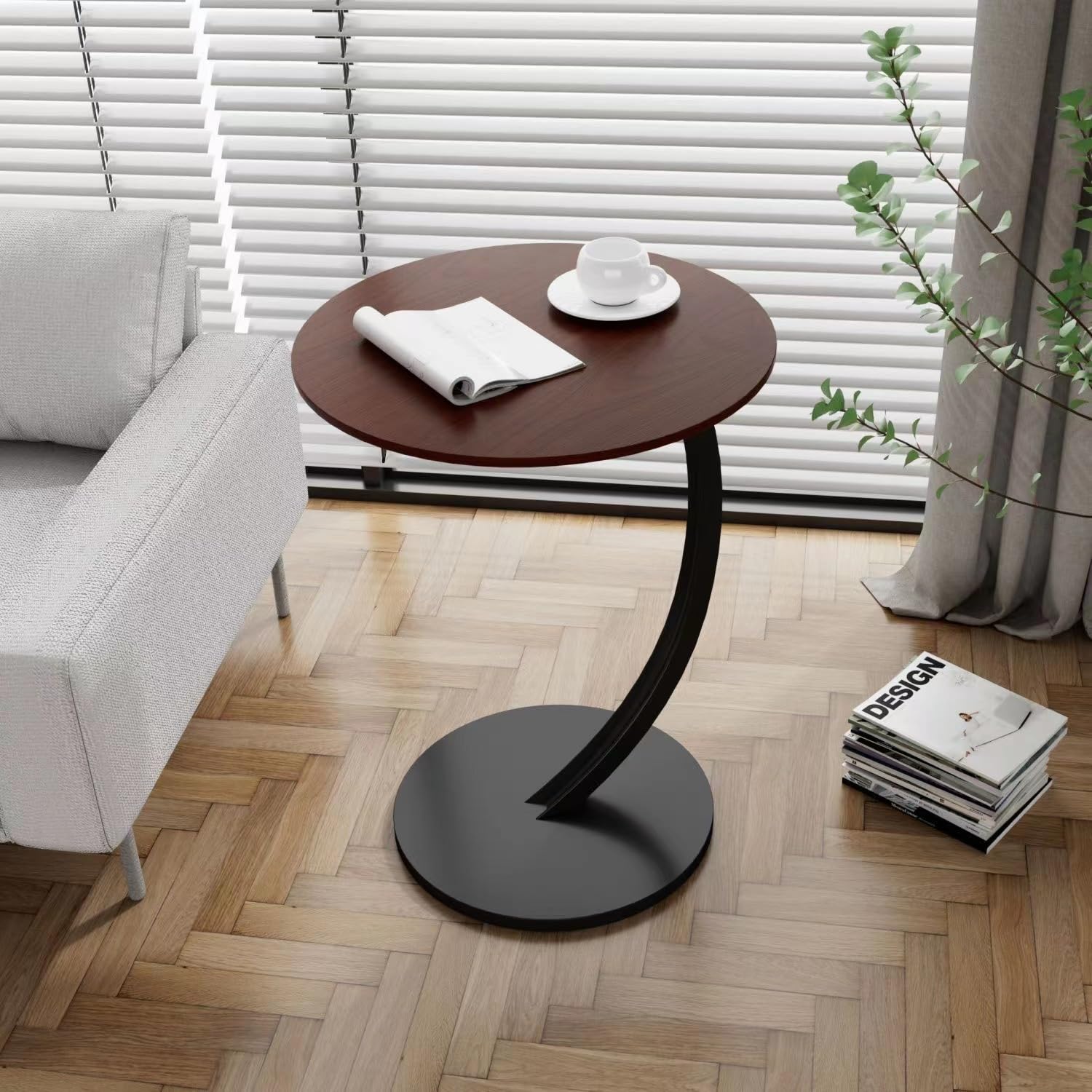 EETU C Shaped End Table Narrow Side Table,Portable Multi-Functional Bedside End Table,Modern Sofa Side Table with Metal Frame,Slim Round Coffee Couch Table,Wooden Sofa Side Table,Easy to Assemble