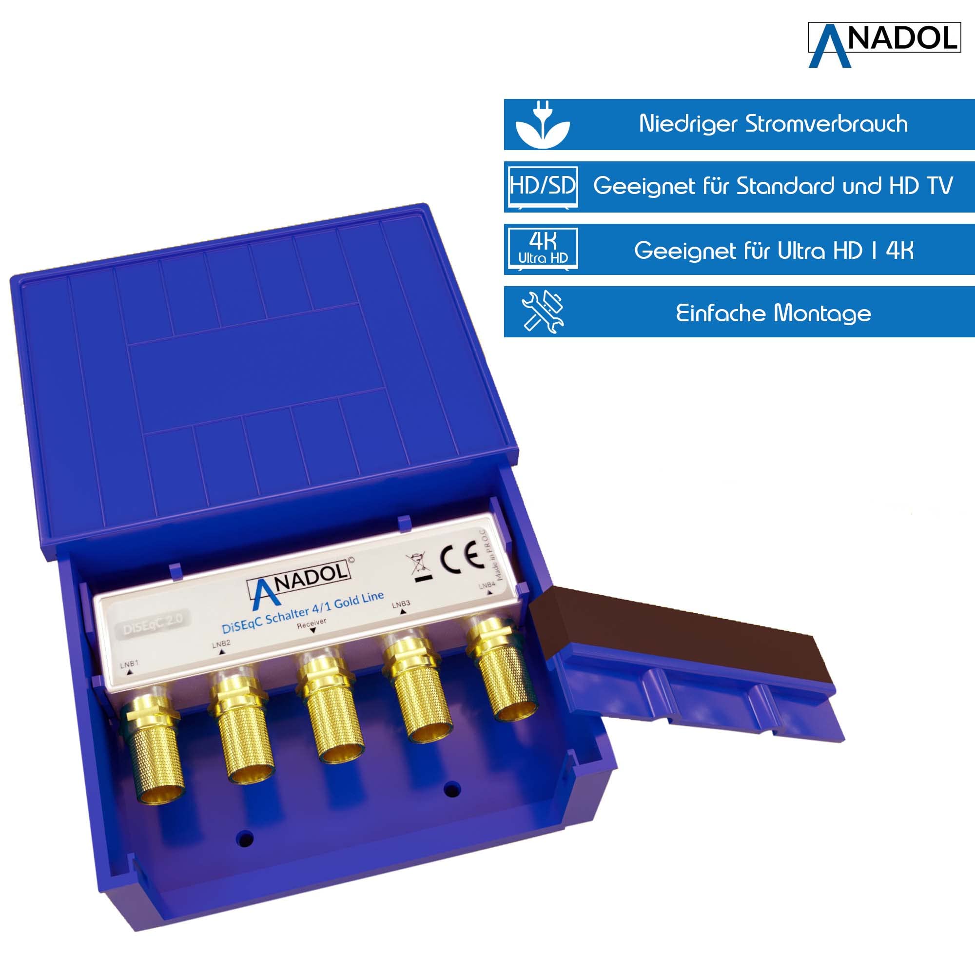 2 interruptores Anadol 41 DiseqC – 4 en 1 para receptor de satélite, para recepción de 4 satélites para 1 receptor, Full HD, 4 K UHD, LNB distribuidor + 10 conectores F chapados en oro, bridas y