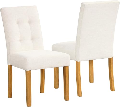 HomePop Sillas de comedor de tela con botones incrustados - Marfil texturizado tejido (Set de 2)