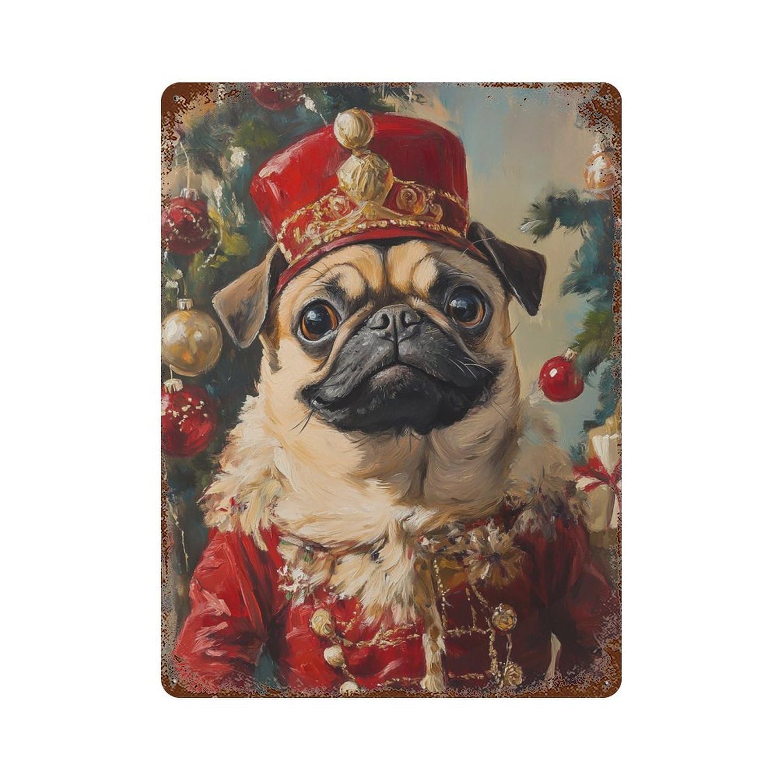Vintage Rust Metal Sign Christmas Pug in Red Uniform 15.7"x11.8", Novelty Wall Decor for Garage, Bar And Workshop Decor