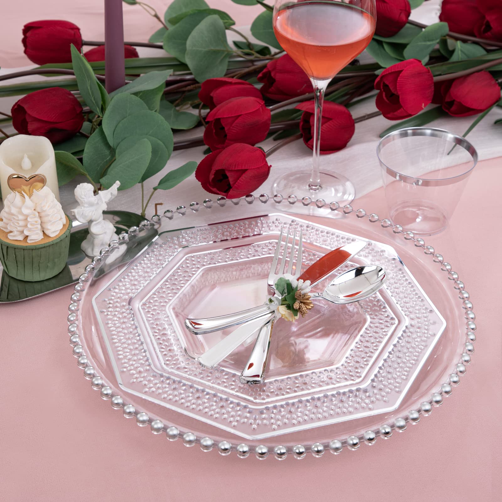 DaYammi 30Guest Silver Plastic Plates with silverware, Silver