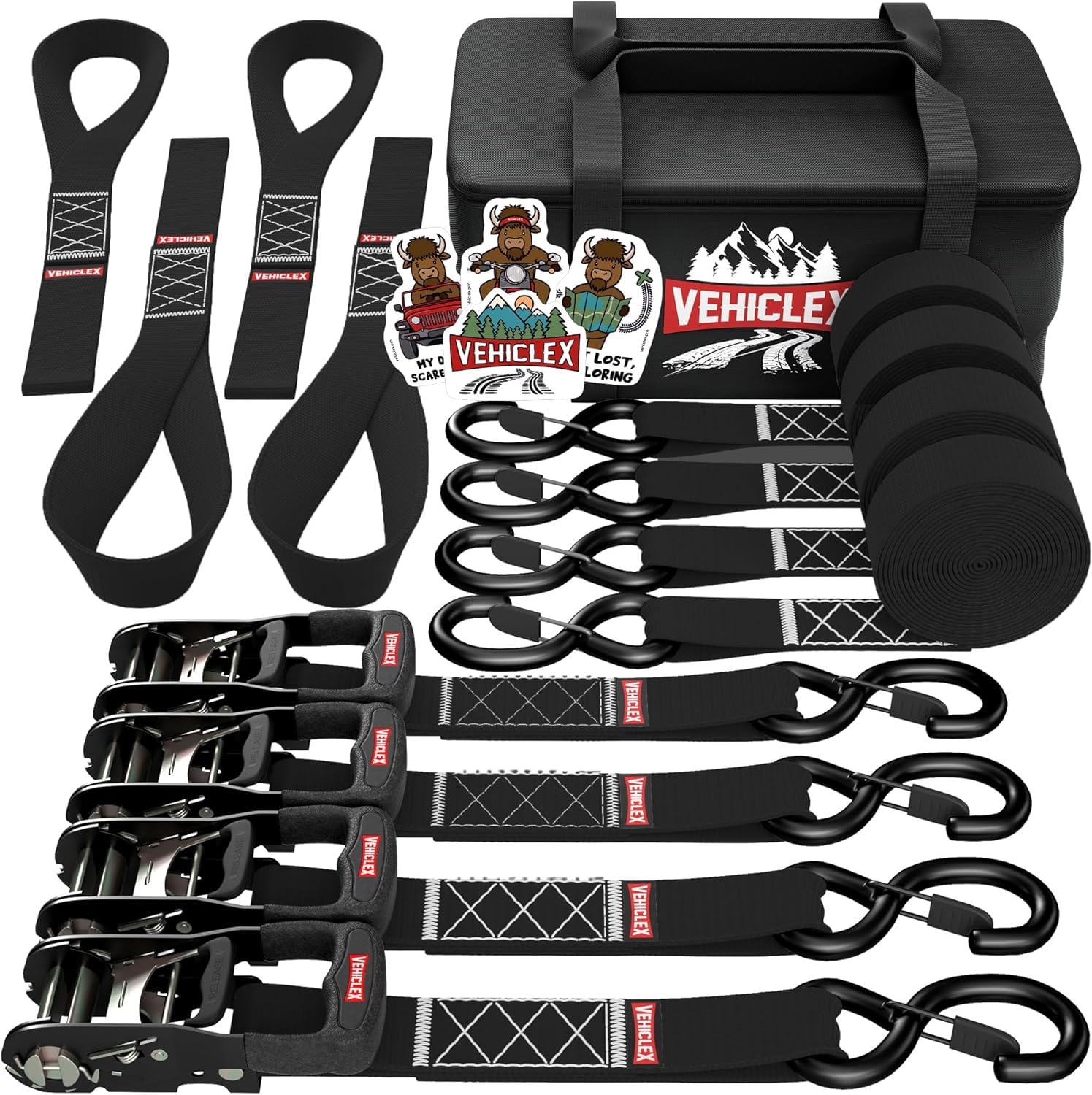 Motorcycle Ratchet Tie Down Straps with Soft Loops - Vehiclex 4PK Heavy Duty 1.5" x 15ft Kit, 4,400 lb Breaking Strength for Powersports, Black