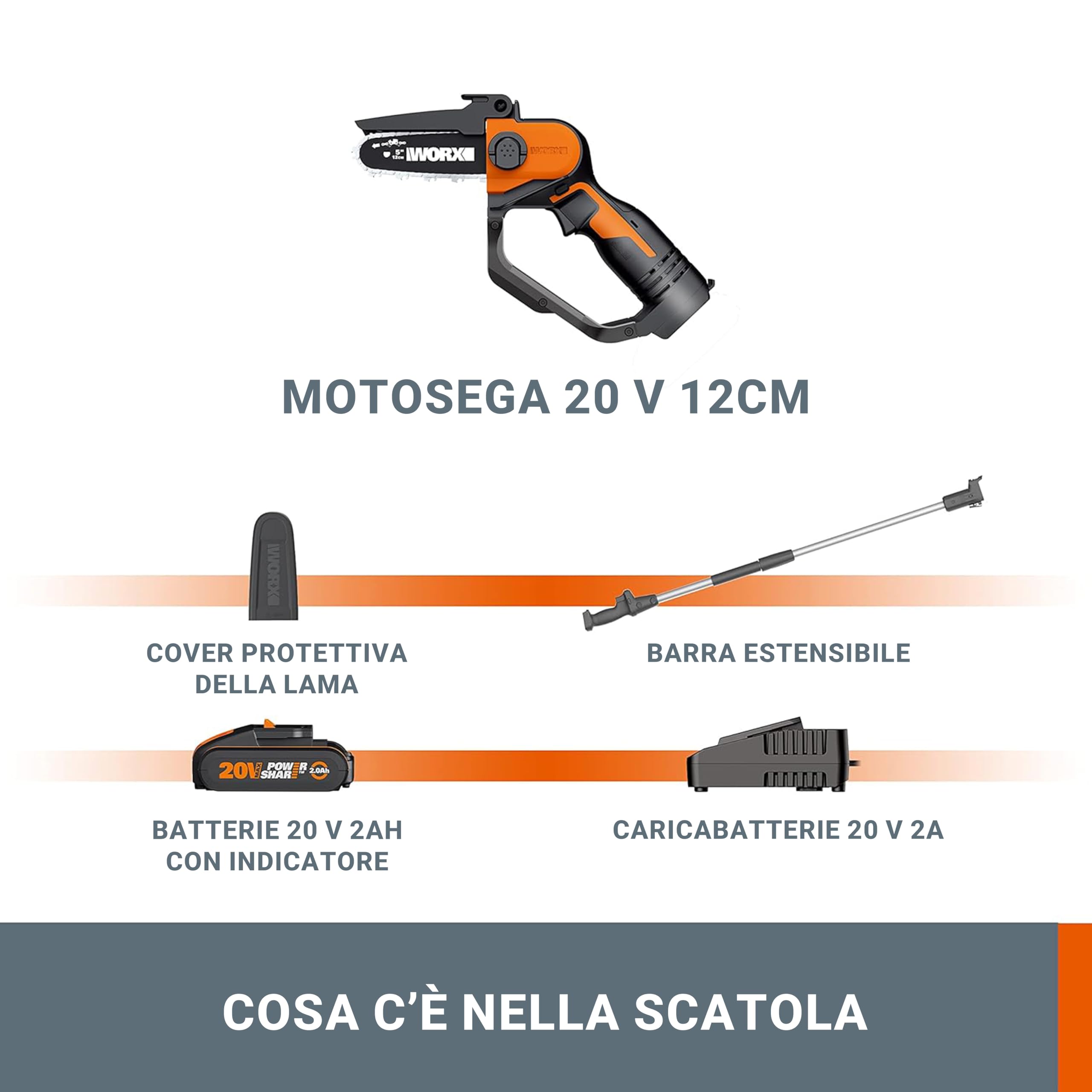 WORX 18V (20V MAX) Mini Motosega a Batteria, Elettrica Motosega senza Fili, Leggera e Portatile, PowerShare, 1 Batteria, 1 Caricabatterie, Barra da 12 cm, WG324E.1