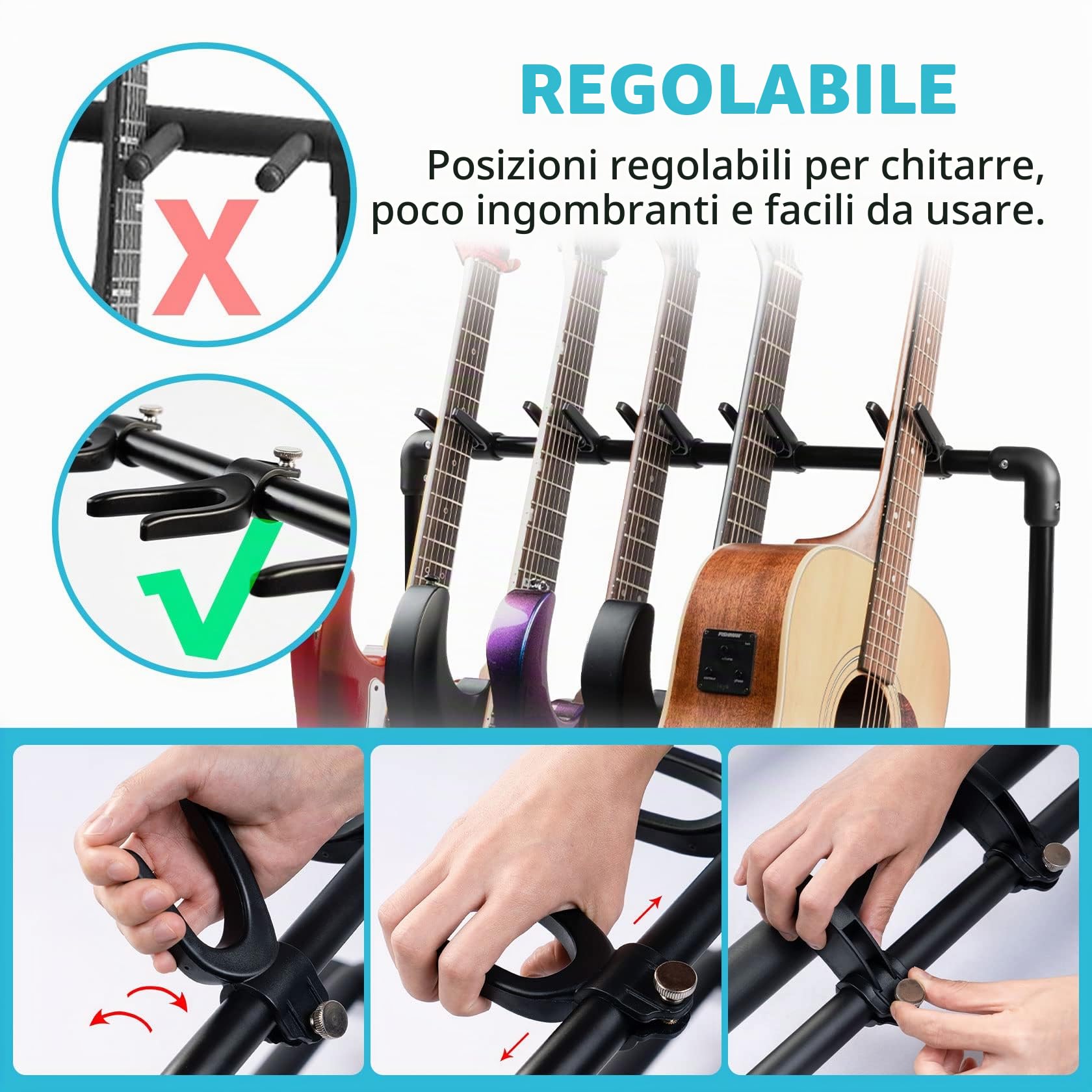 Guitto GGS-07 - Supporto universale pieghevole per chitarra portatile per palco, basso e chitarra acustica, 5 supporti