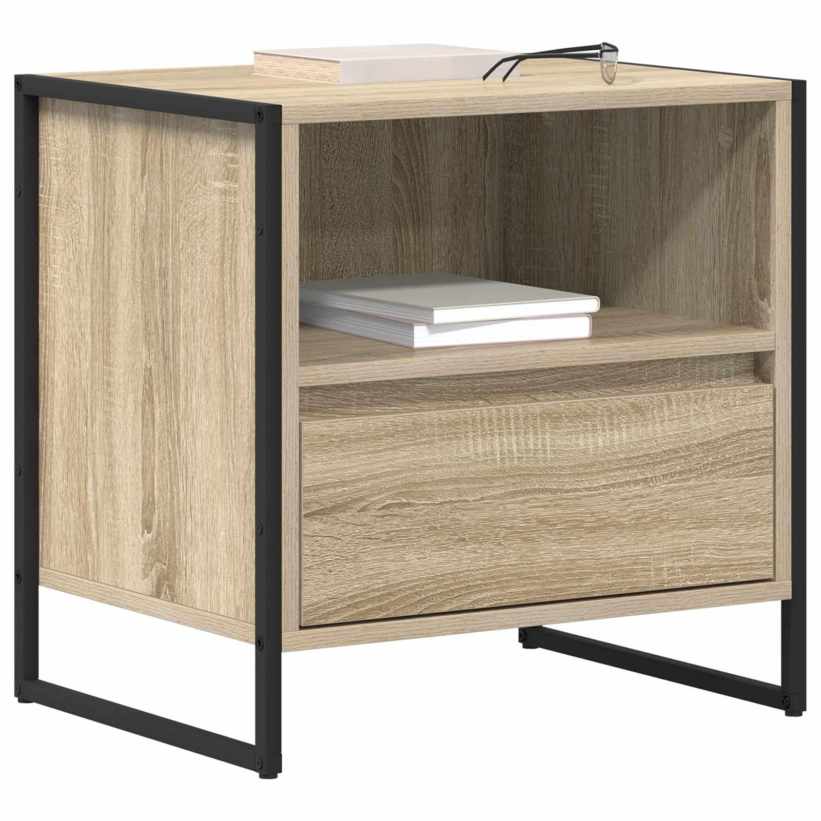 Comodino Sonoma 50 x 39,5 x 50 cm, moderno in legno con cassetto e gambe in acciaio inox, comodini robusti per camera da letto e camera degli ospiti
