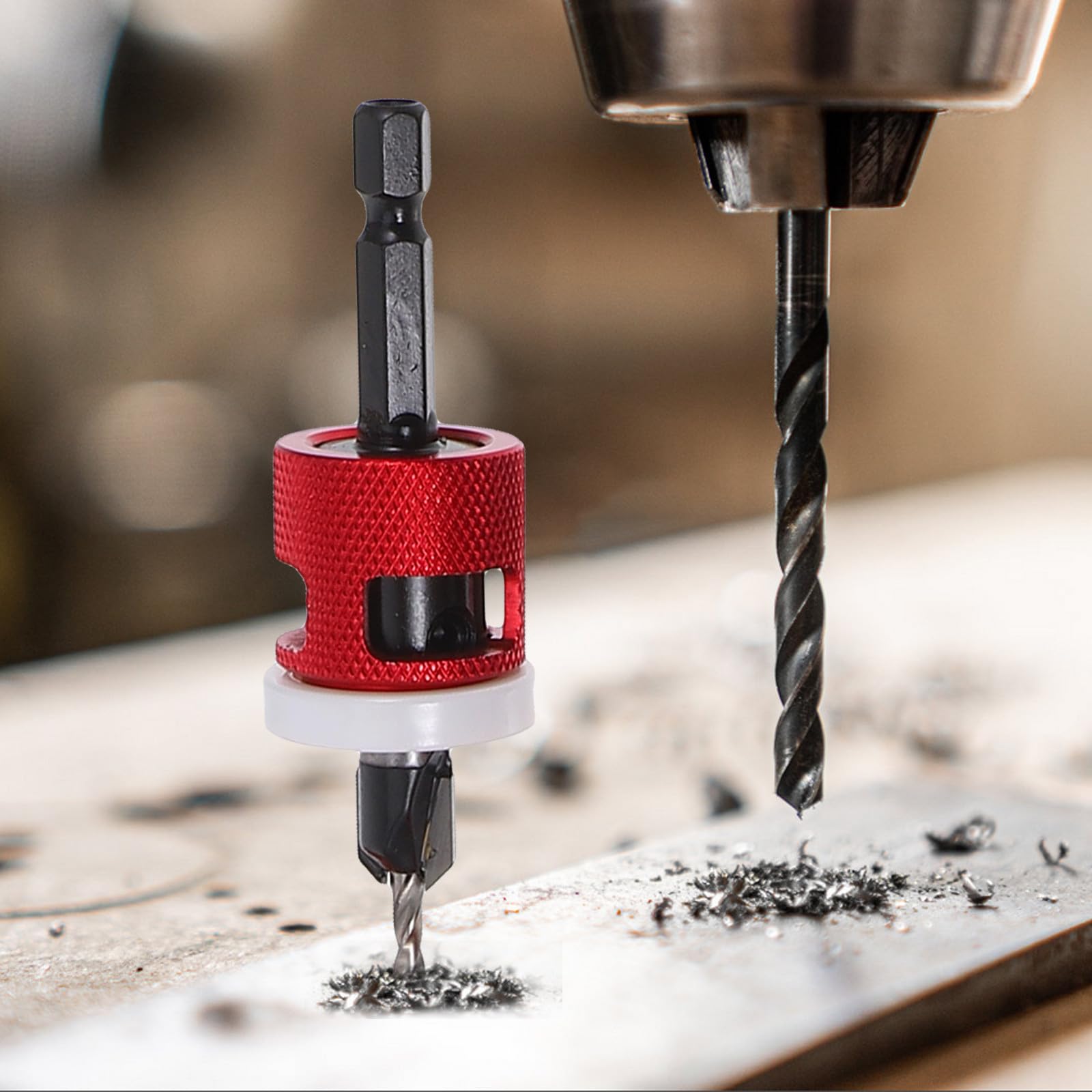 Broca Avellanadora para Madera Rojo, con Tope de Profundidad