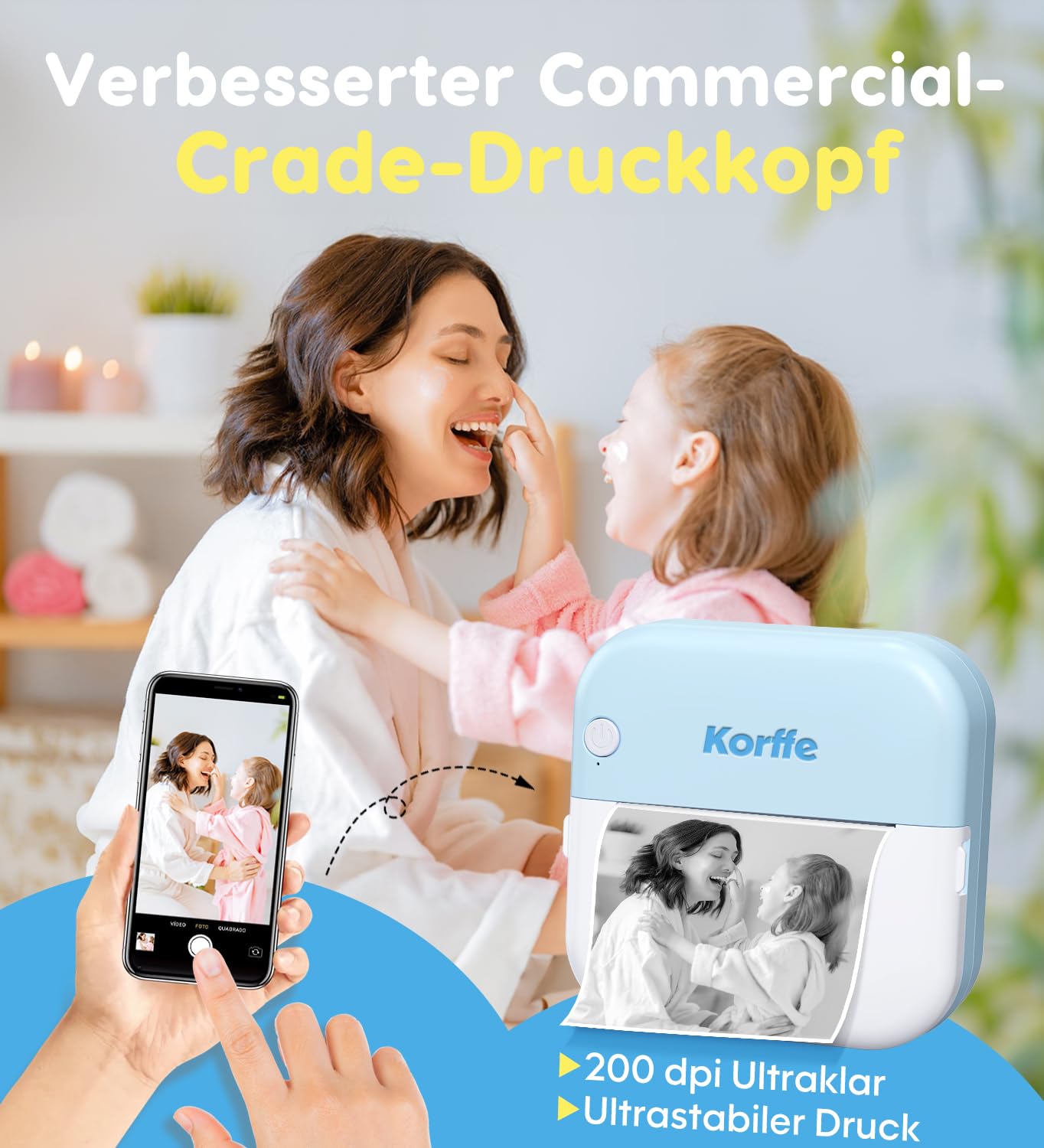 Korffe Mini Drucker für Smartphone with 7 Rollen Druckerpapier, Wireless Sticker Drucker Kompatibel mit Android & iOS, Tiny Printer Handy Drucker, Mini Belegdrucker für Lernnotizen, Notizen, Journal