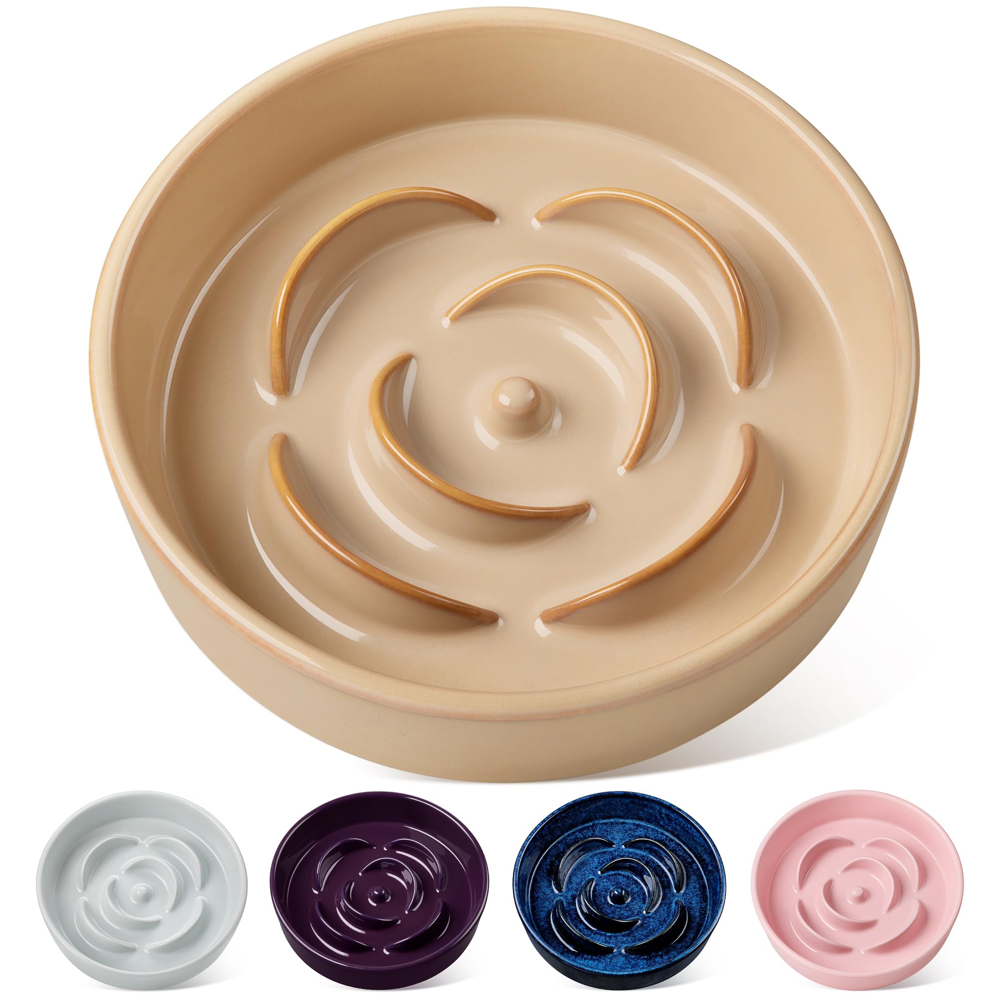 vancasso Flower Shaped Slow Feeder Dog Bowl 1560ml Pet Bowl, Ceramic Puzzle Feeder for Small Dogs & Cats, Dishwasher & Microwave Safe, Ideal for Food and Water, Non-Slip & Tip-Proof; Beige; Large