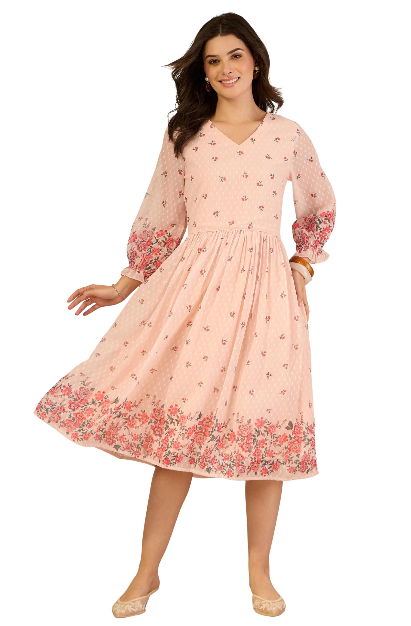 janasya Women's Peach Dobby Georgette Floral Printed Fit & Flare Dress-picture-13