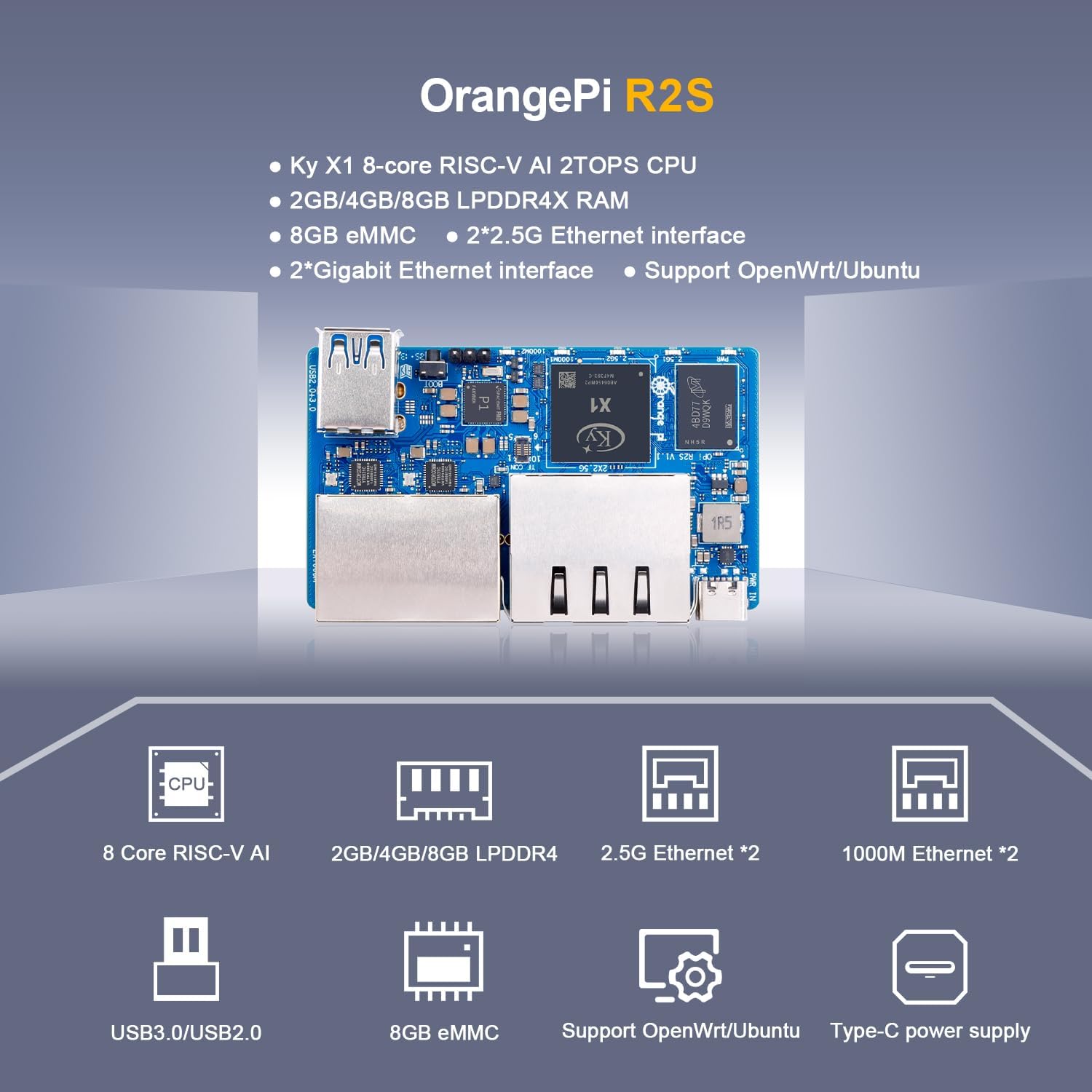 Orange Pi R2S 2GB/4GB/8GB RISC-V Single Board Computer with 8-Core RISC-V AI CPU, 8GB Onboard eMMC, Dual 2.5G & Dual 1000M Ethernet, Development Board Run OpenWrt/Ubuntu (8GB)