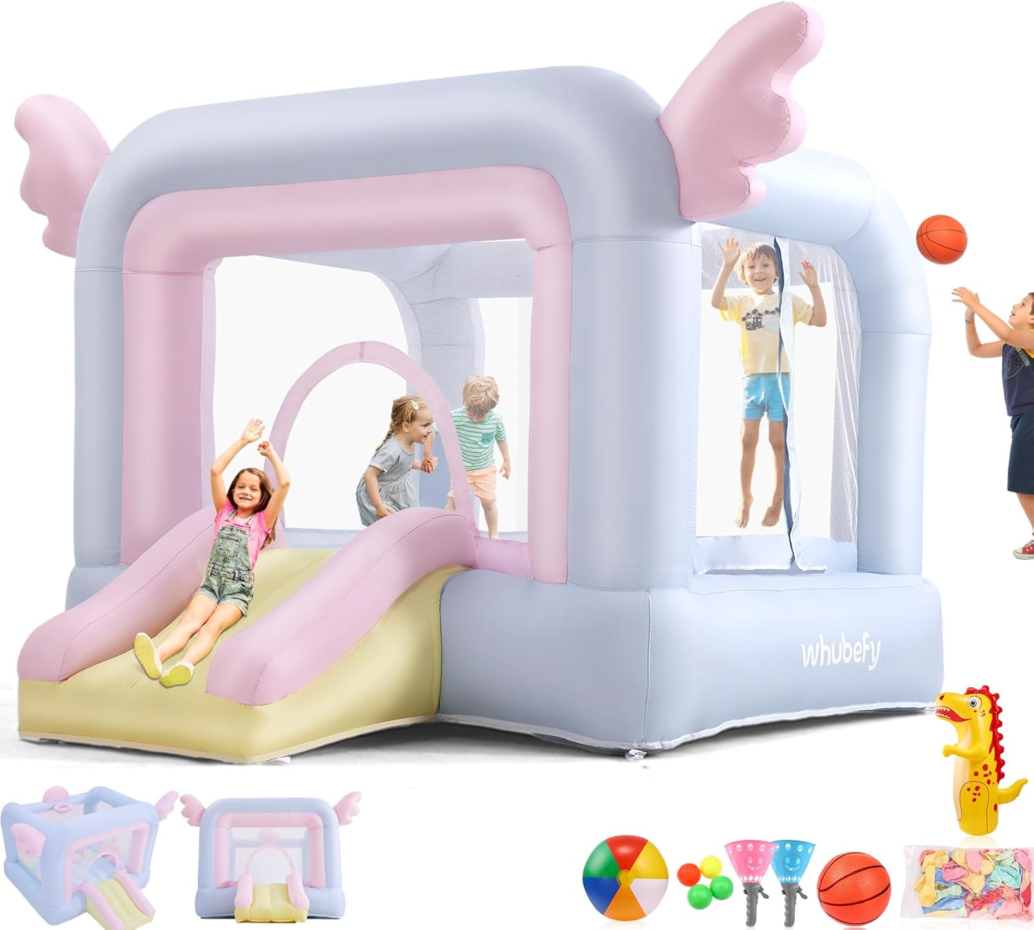 Inflatable Bounce House for Kids All-in-ONE w/Macaron Balloons, Catch Ball Set, Punching Bag, Beachball, Basketball, 106 x 85 x 80 Jump Castle with Slide & Basketball Hoop for Indoor/Outdoor