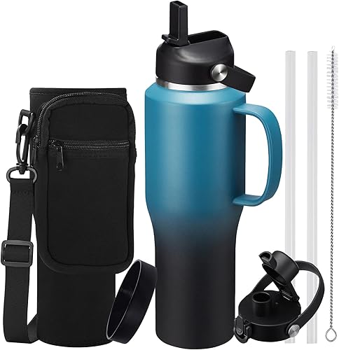 Miniatura 10 de Botella de agua de 32/40 onzas con estuche de transporte, botella aislada de acero inoxidable con tapa y pajita, taza térmica al vacío de doble