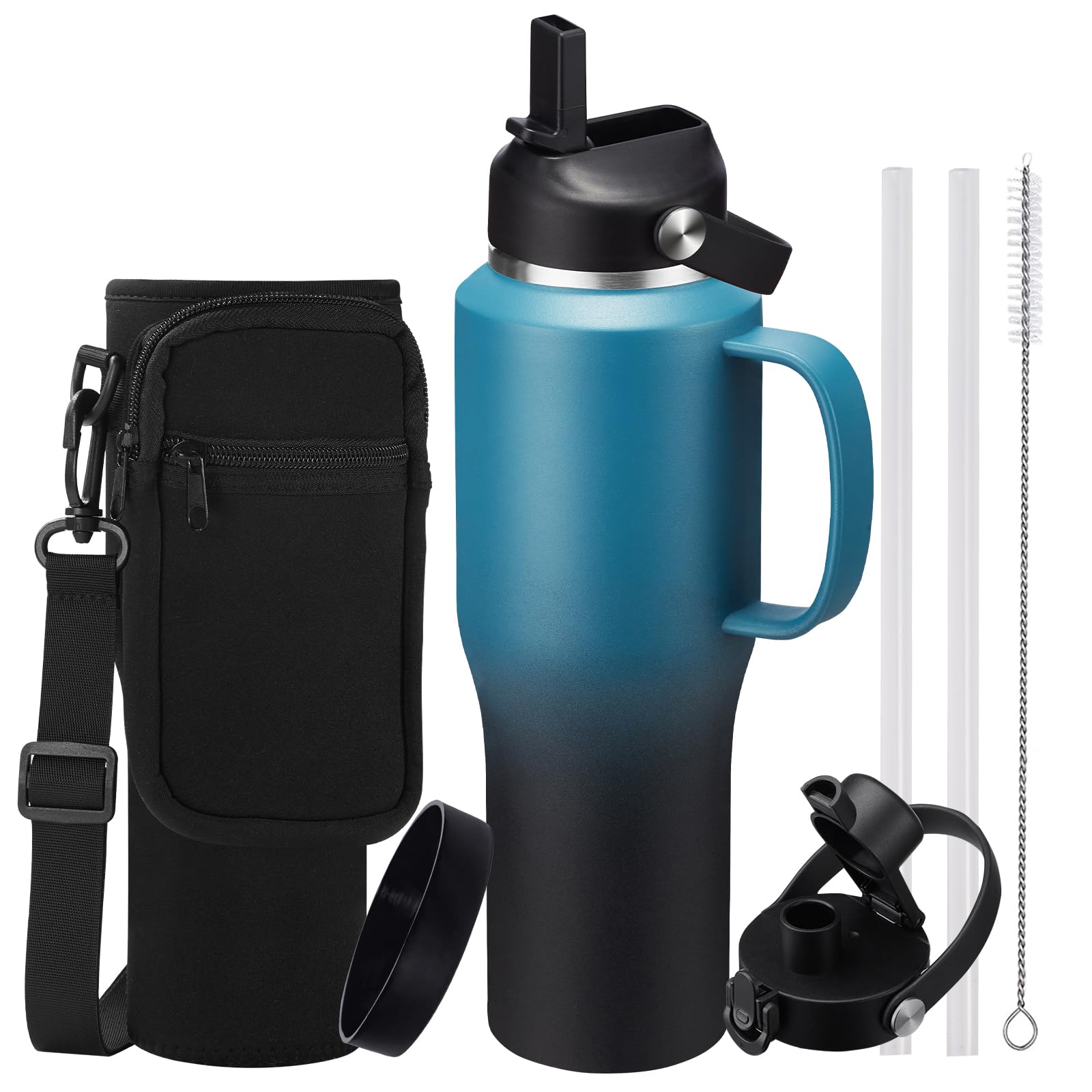 32 40 OZ Insulated Water-Bottle with Handle - Straw &amp; Chug Lid, Strap Carrier Bag &amp; Protective Boot, Stainless Steel Coffee Travel Tumblers, Leak-Proof, Skinny Flask Fit in Car Cup Holder