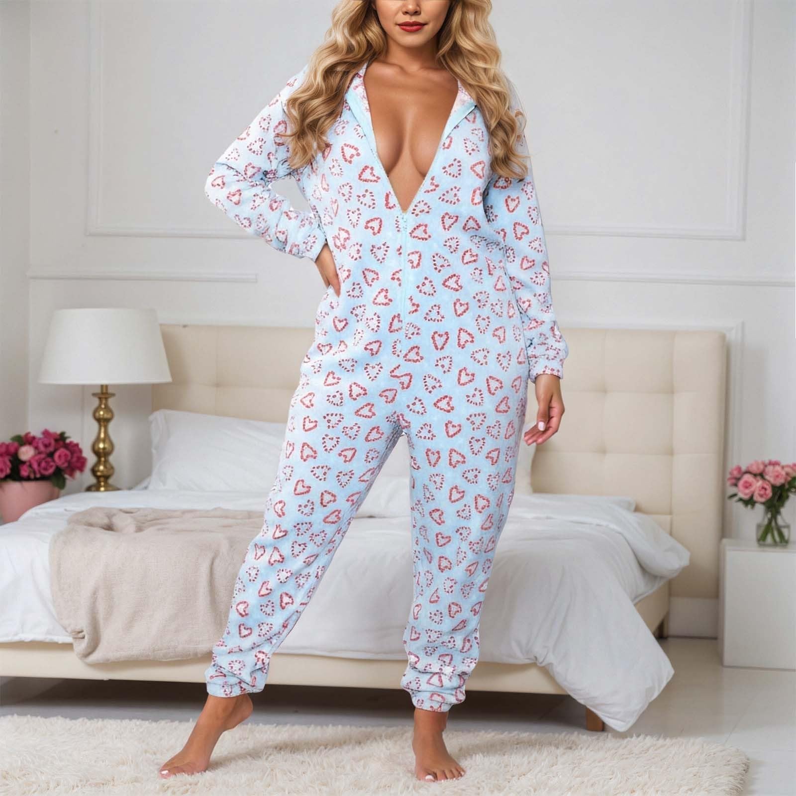 Generisch Pijama de franela para mujer, pijama de una pieza con estampado de corazón, manga larga, cuello en V, mono sexy y acogedor, grueso, térmico, de Navidad, ropa de salón