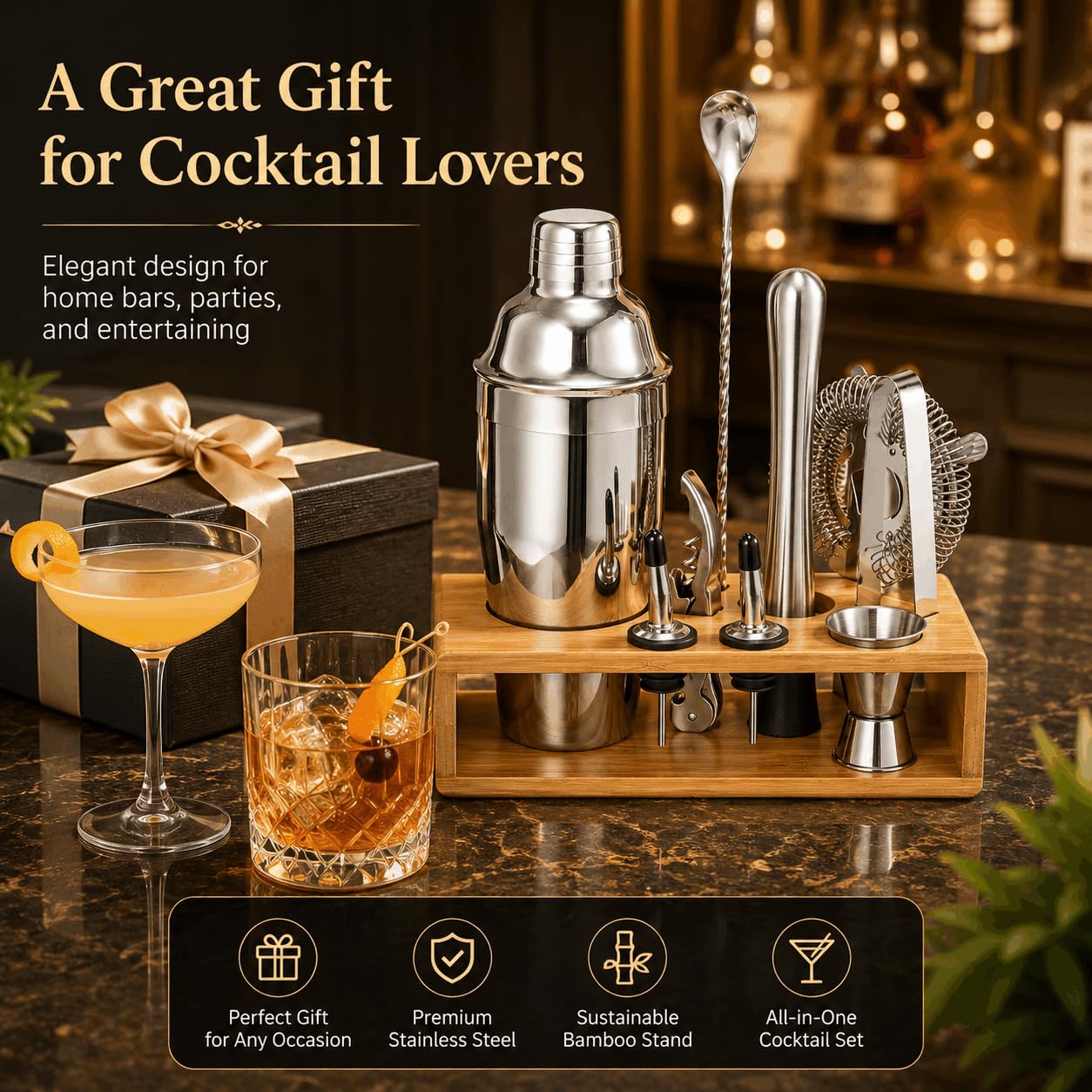 Cocktail Shaker Set, 18/8 Food-Grade Stainless Steel Mixology Bartender Kit 10-Piece Bar Tools with Stylish Bamboo Stand - Rust-Proof & Dishwasher Safe - Professional Martini Shaker Gift for Men, Dad view 8
