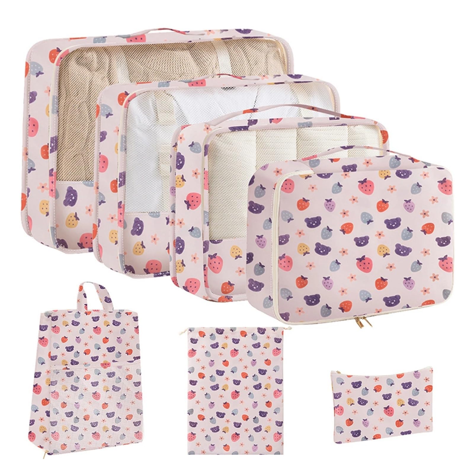 Luggage Organiser Set 7PCS Travel Packing Cube Printed Cartoon Storage Bag Clothes Shoes Sorting For Luggage Suitcase(Pink)