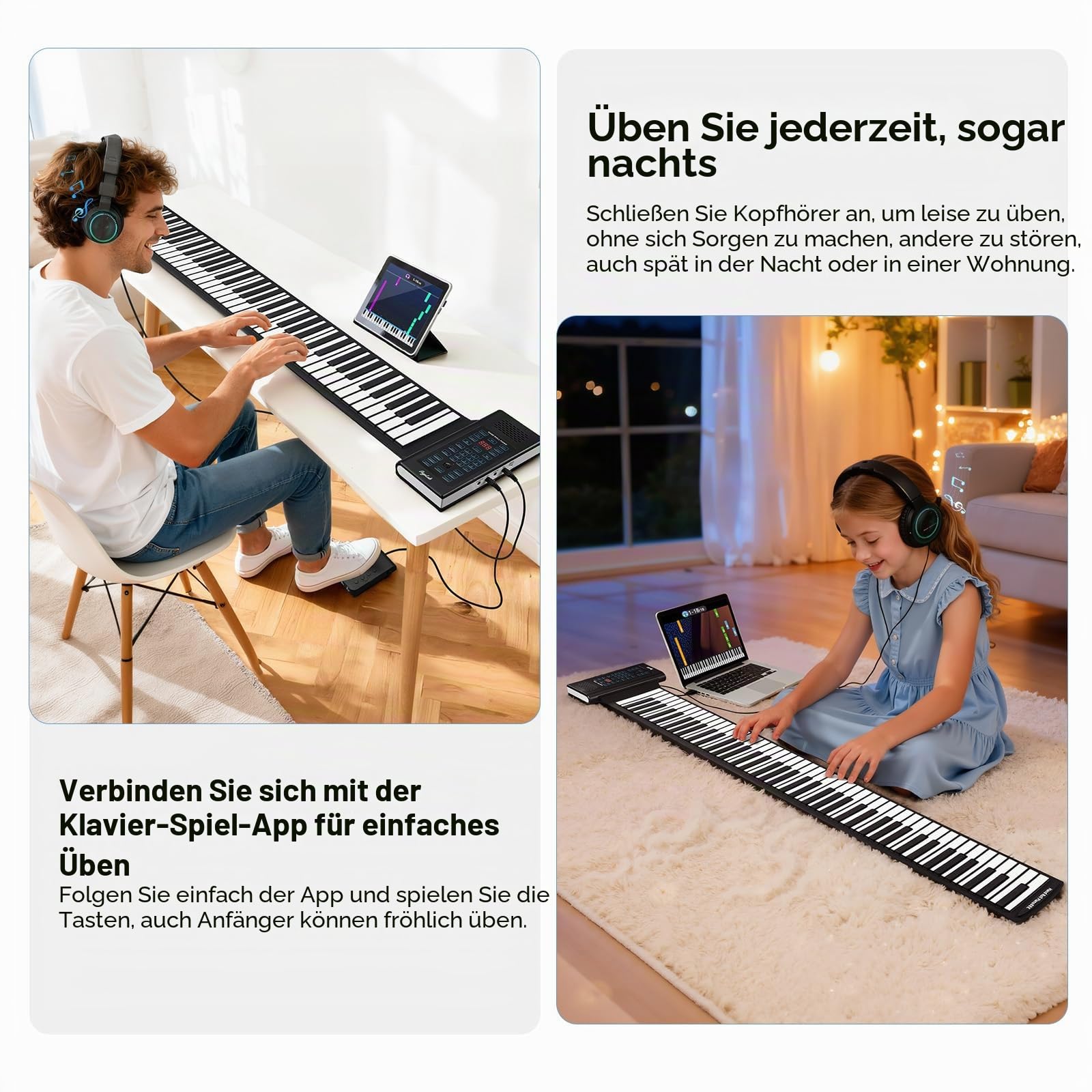 POGOLAB 88-Tasten-Roll-Up-Keyboard-Piano, wiederaufladbares Roll-Up-Piano mit 20 Demos/128 Klangfarben/128 Rhythmen/Kopfhöreranschluss/Bluetooth/Drum-Kit, faltbares Reise-Handroll-Piano für alle