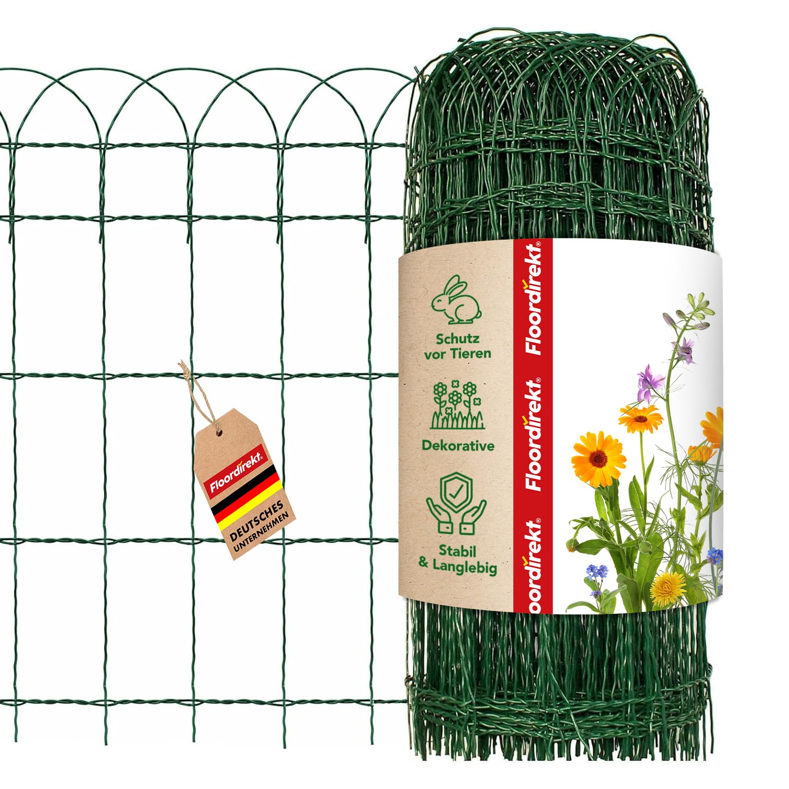 Floordirekt Beetzaun Metall, 40 cm x 10 m, Ziergeflecht, dekorative Beeteinfassung, Beetumrandung, Gartenzaun, Zaun zum Stecken, Drahtzaun, Zierzaun, Kleiner Zaun für Garten