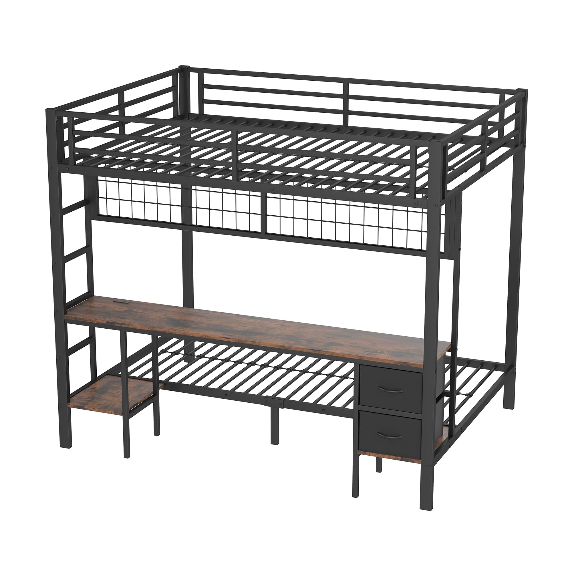 Cama alta con escritorio de 90 x 200 y 140 x 200 cm, litera con iluminación LED, conexiones USB, 2 cajones, estantes y estantes para colgar, estructura de cama de metal, sin colchón (negro)