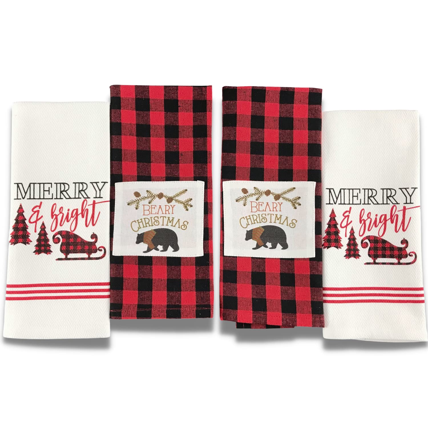 Serafina Home Decorative Farmhouse Check Christmas Kitchen Hand Towels: Beary Christmas Patch with Merry Bright Sleigh Rides Prints on Herringbone