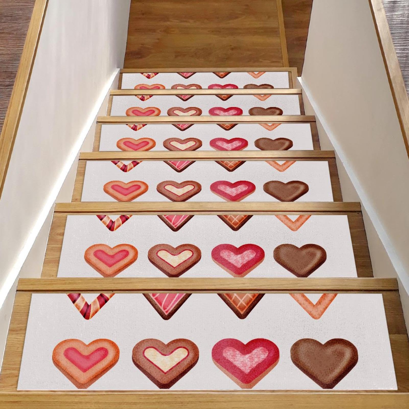 Alfombra para escaleras con diseño de galletas de corazón, 15 alfombrillas para peldaños de madera