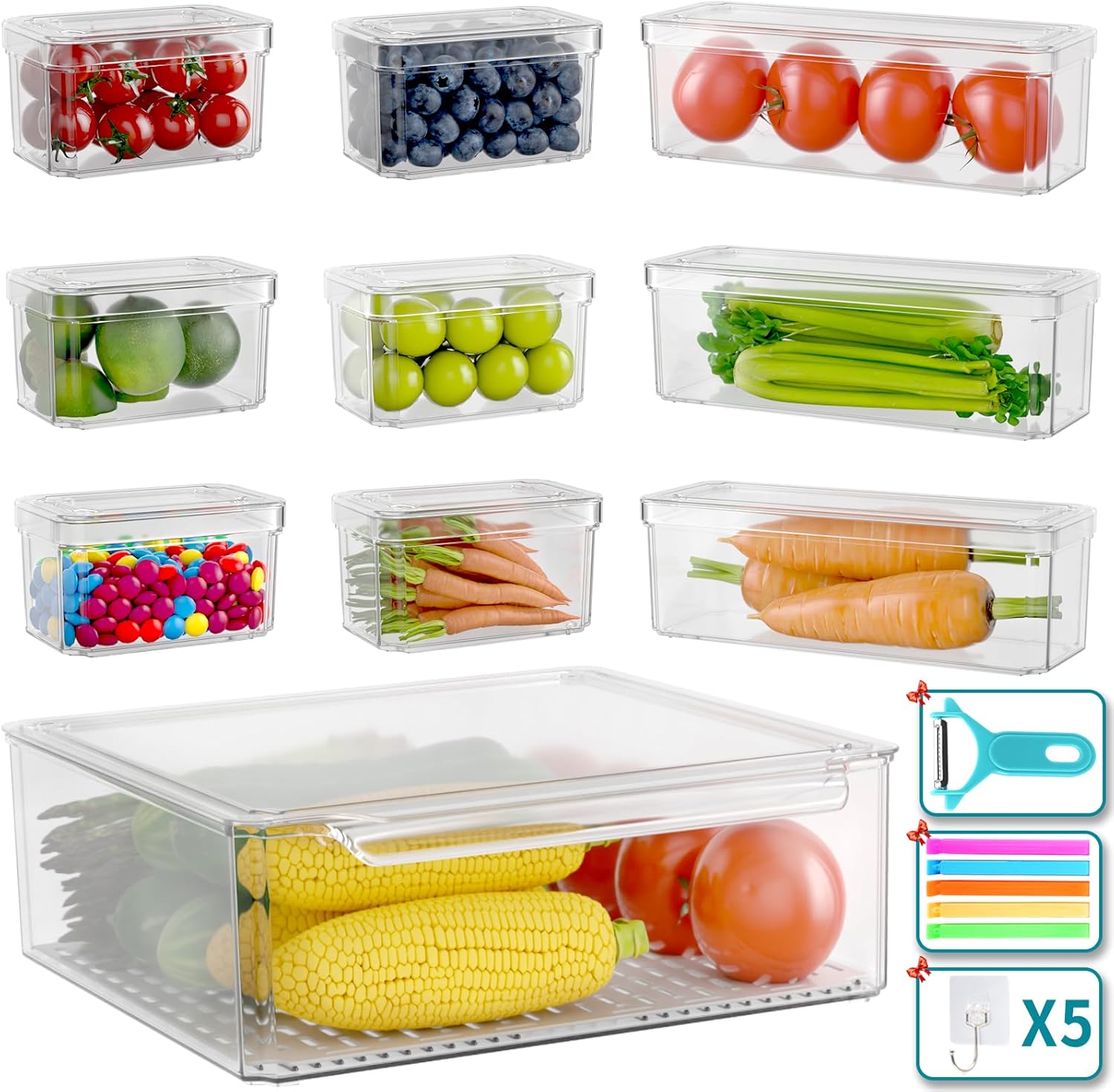 Fridge Organizers and Storage Set - 10 Pack Refrigerator Organizer Bins with Lids, BPA-free Stackable Fruit Container for Refrigerator, Clear Fridge Organization for Food, Vegetable