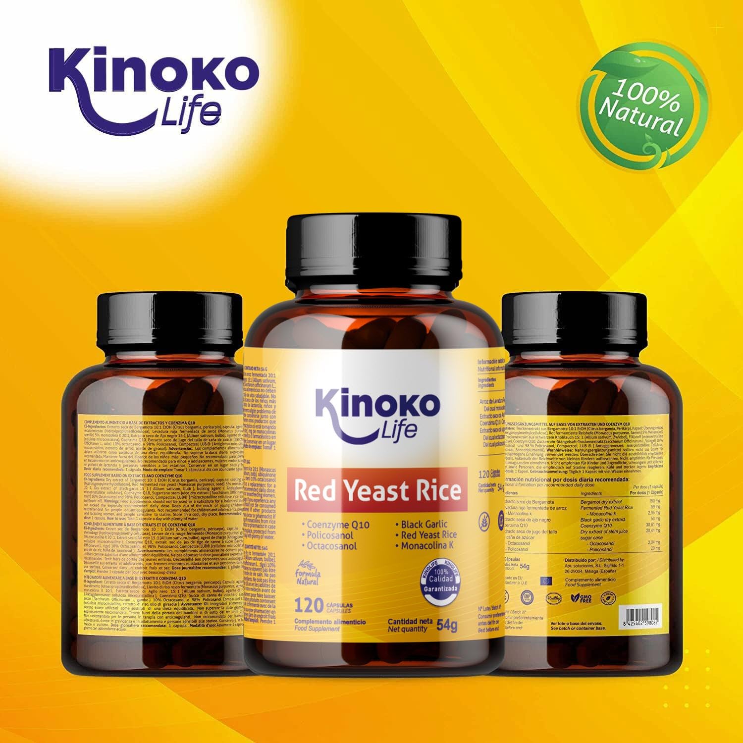 Lievito di Riso Rosso Fermentato (Monascus purpureus) con Coenzima Q10 30 mg, con Policosanolo e Aglio Nero, 120 Capsule Vegan, Senza Magnesio Stearato