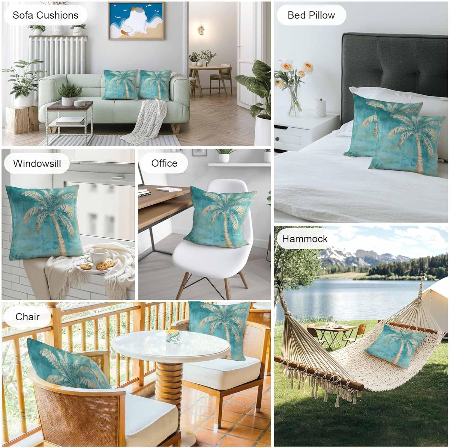 Coastal Beach Tree Green Outdoor Waterproof Pillow Covers, Vintage Tropical Flower Plant Decorative Square Throw Pillowcase Sofa Cushion Sham for Patio/Couch/Chair, 16"x16" 2 Pack